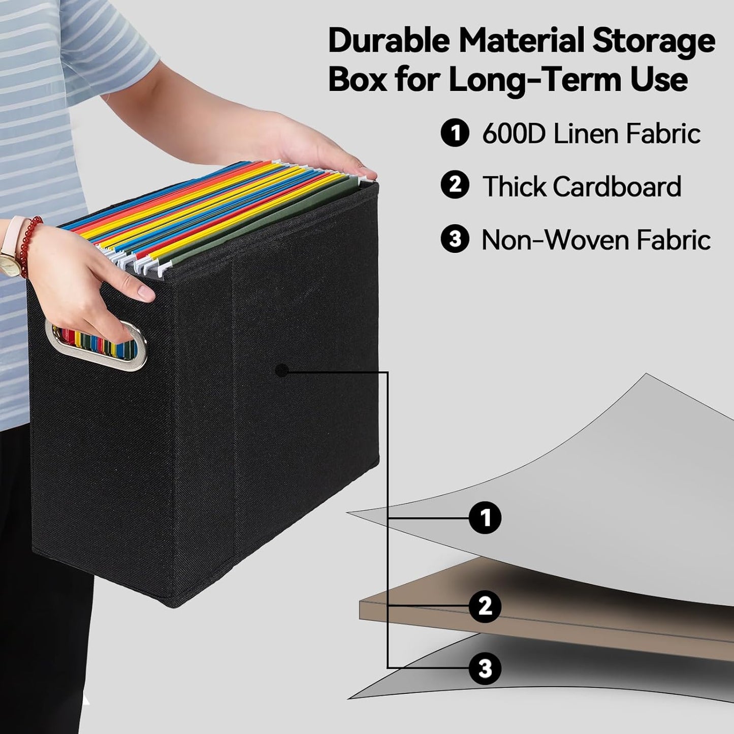 8 Packs Letter Size File Organizer, File Folders Organizer, Fabric Storage Box, Collapsible Paper Organizer with Metal Handle, Smooth PVC Rails, Only Box (Black)