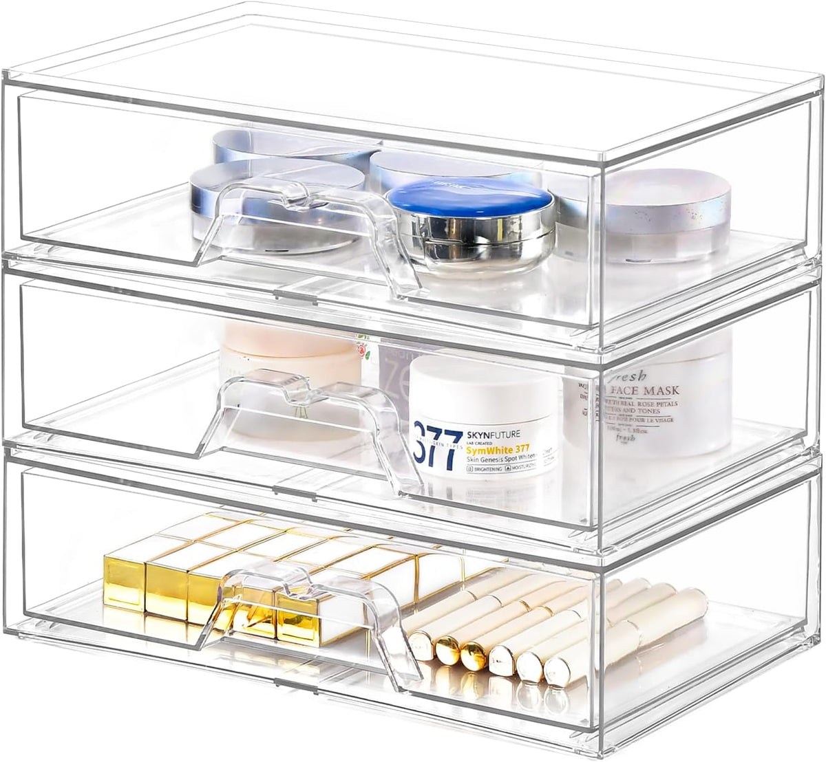 3 Pack Stackable Makeup Organizer, 12.1''L Acrylic Bathroom Organizer and Storage Undersink Drawer, Cosmetics and Beauty Supplies,Clear Plastic Storage Bins for Vanity,Pantry,Desk,Cabinet,Kitchen