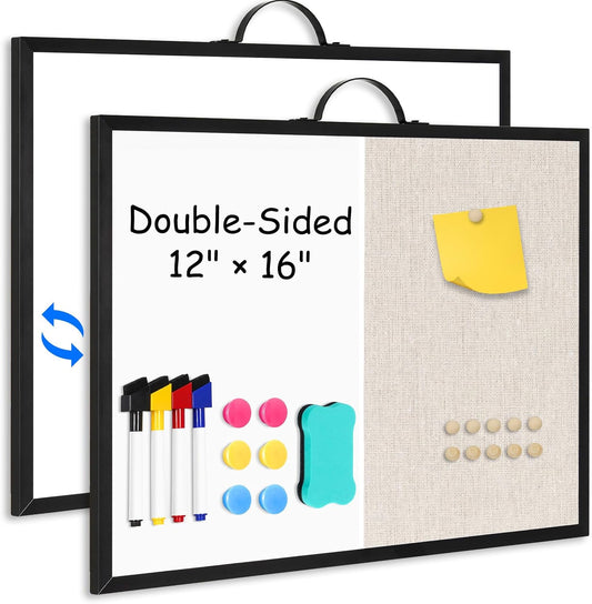 White Board Linen Bulletin Board Combo, 16"x12", Double-Sided Magnetic Dry Erase Cork Board for Walls, Aluminum Frame Small Pin Board with Handles for Home, Office, School, Beige Felt