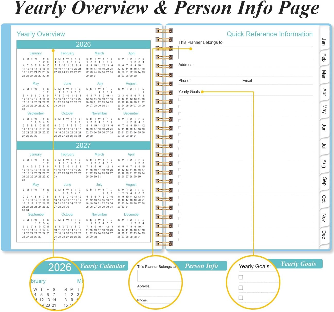 2026 Planner - Weekly and Monthly Calendar Planner from Jan 2026 - Dec 2026, Planner 2026 Spiral Bound with 12 Monthly Tabs, Inner Pocket, Perfect for School Office Supplies, 6.4" x 8.5", Blue