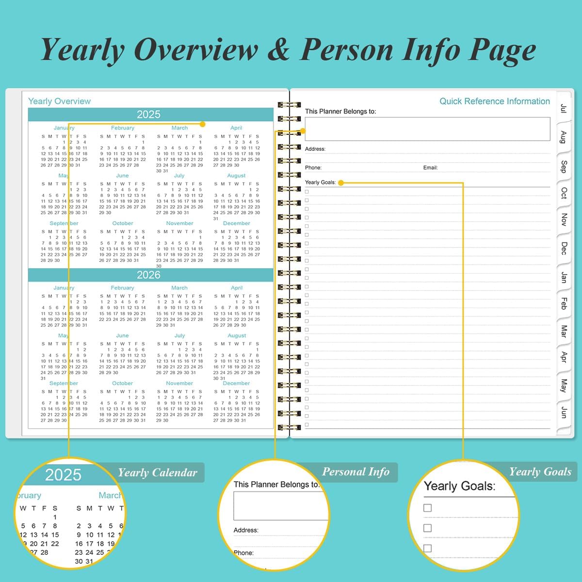 2025 Planner - A4 Weekly & Monthly Planner Spiral Bound, January 2025 - December 2025, Planner 2025 with Flexible Cover, Tabs, Inner Pocket, 8.5" x 11", Teal Flowers