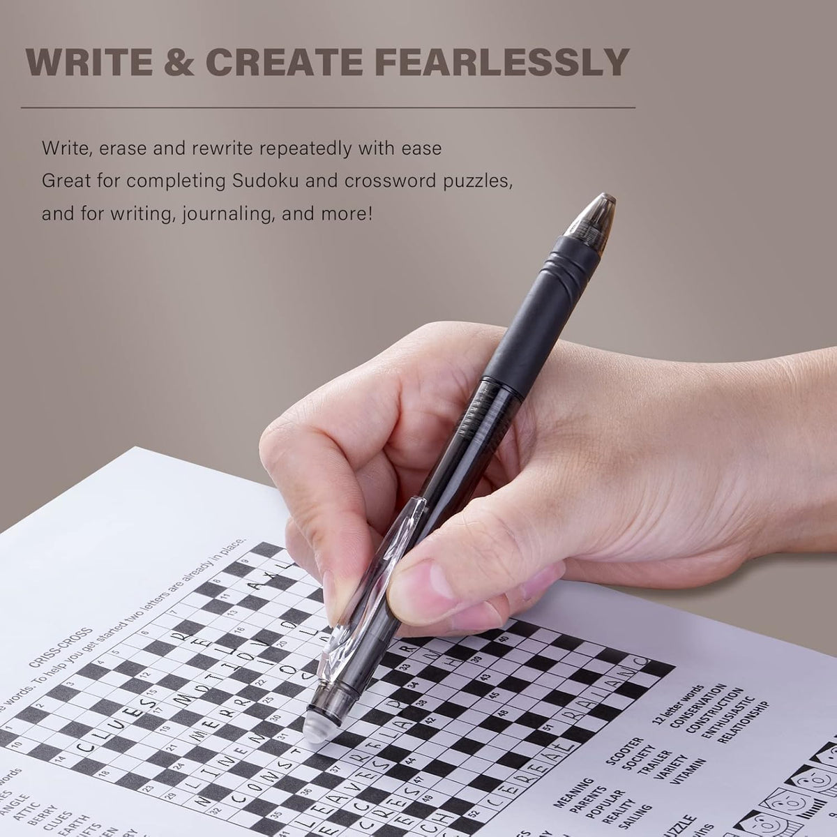 ParKoo Retractable Erasable Gel Pens Clicker Fine Point 0.7 mm, No Need for White Out, 4 Assorted Color Inks for Completing Sudoku and Crossword Puzzles, 12-pack