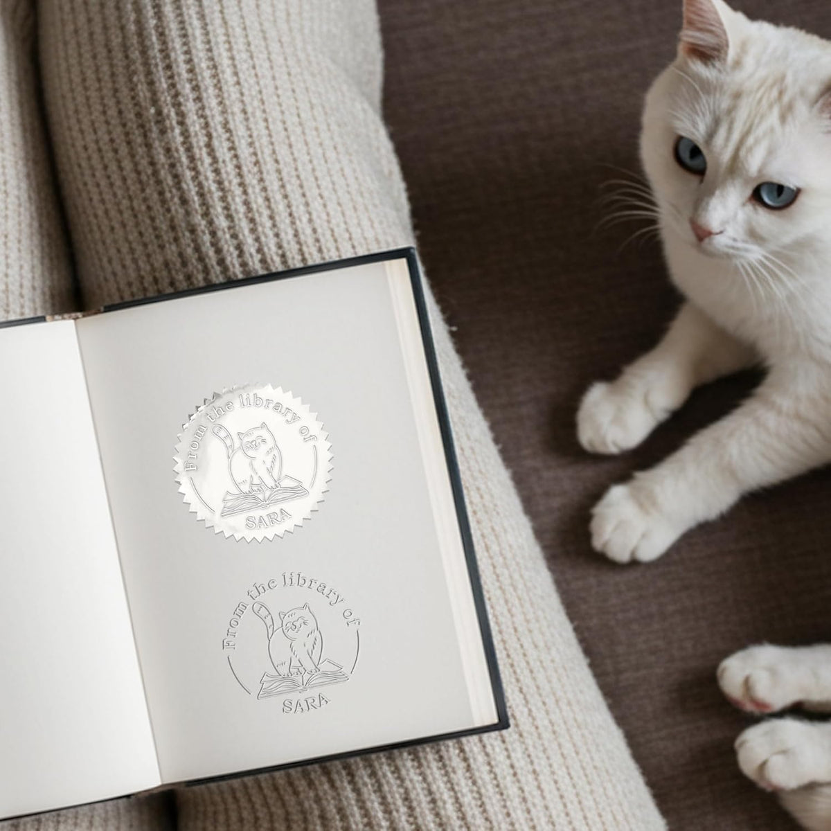 Cute Cat Book Embosser Custom Embosser Stamp with Your Name or Design Personalized Library Embosser Stamp Customized Books Business Cards Paper Documents Notebooks etc. (Cute Cat - 05)