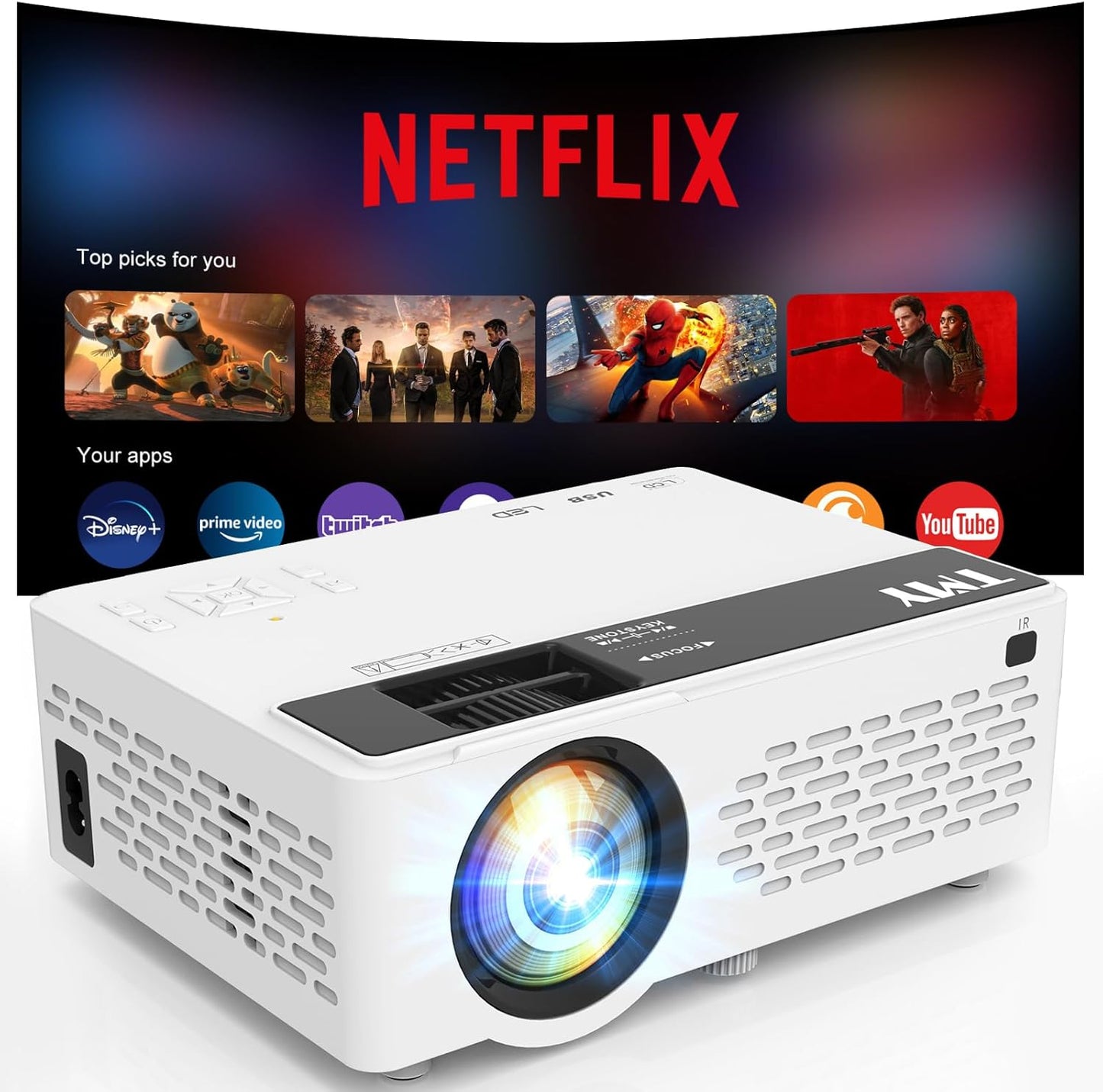 TMY Netflix-Officially-Licensed Mini Movie Projector with WiFi and Bluetooth, Compatible with TV Stick Smartphone/HDMI/USB, Indoor & Outdoor Use