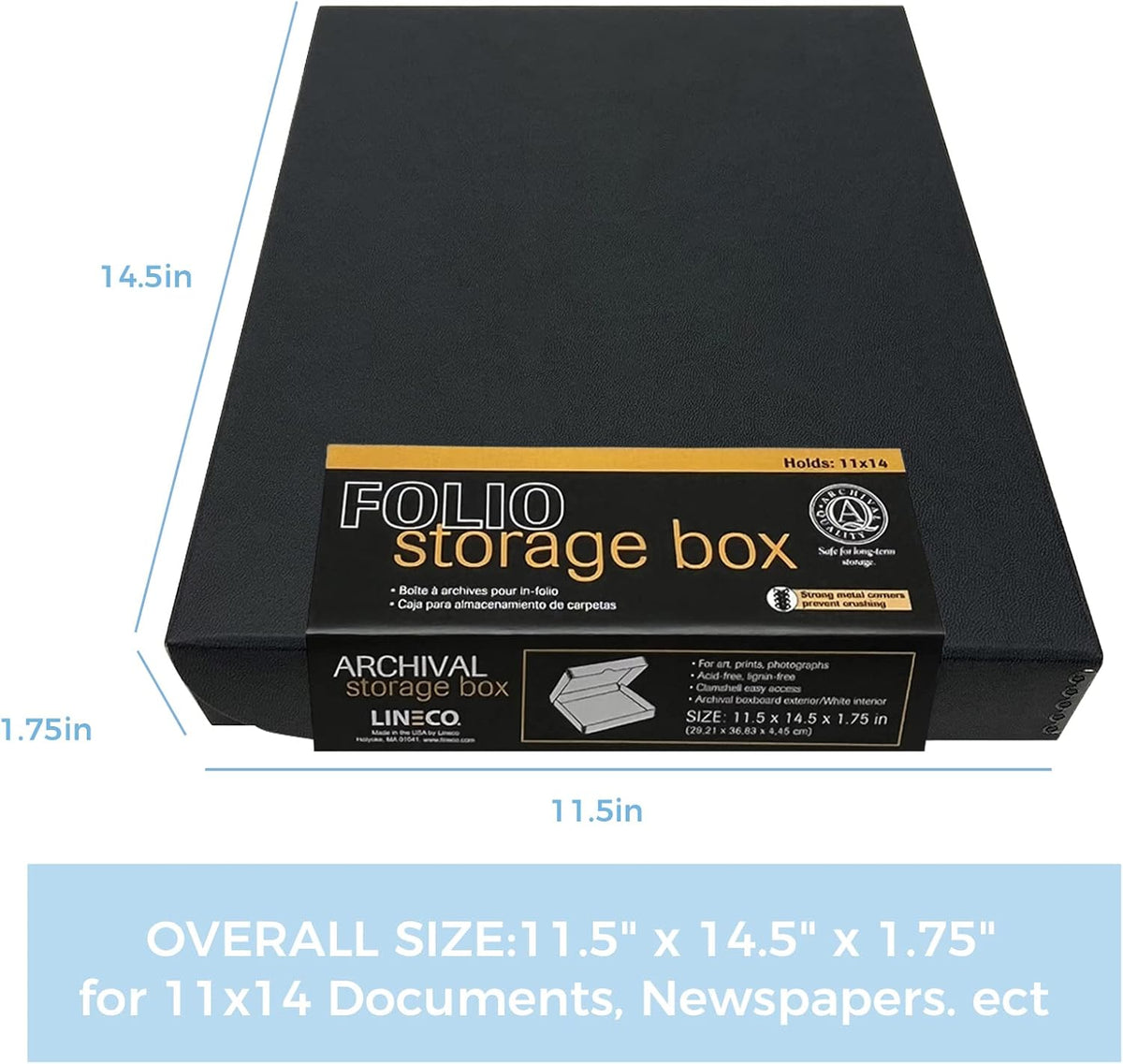 Lineco Folio Storage Box, Clamshell Design, 9.5x12.5x1.75 Inches, Archival Boxboard, Preserve Photos, Cards, Magazines, Documents, Art, Ephemera, Family Records, Black, Pack of 1