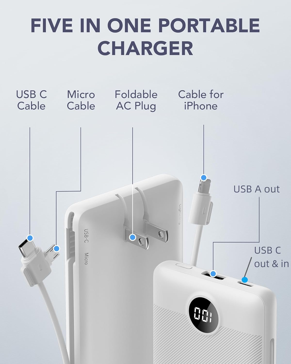 VRURC Portable Charger,Power Bank Built-in Cables and AC Wall Plug, USB C Portable Bank 10000mAh, Travel Essentials Phone Charger Compact External Battery Pack for Smart Phones, Tablets etc-White