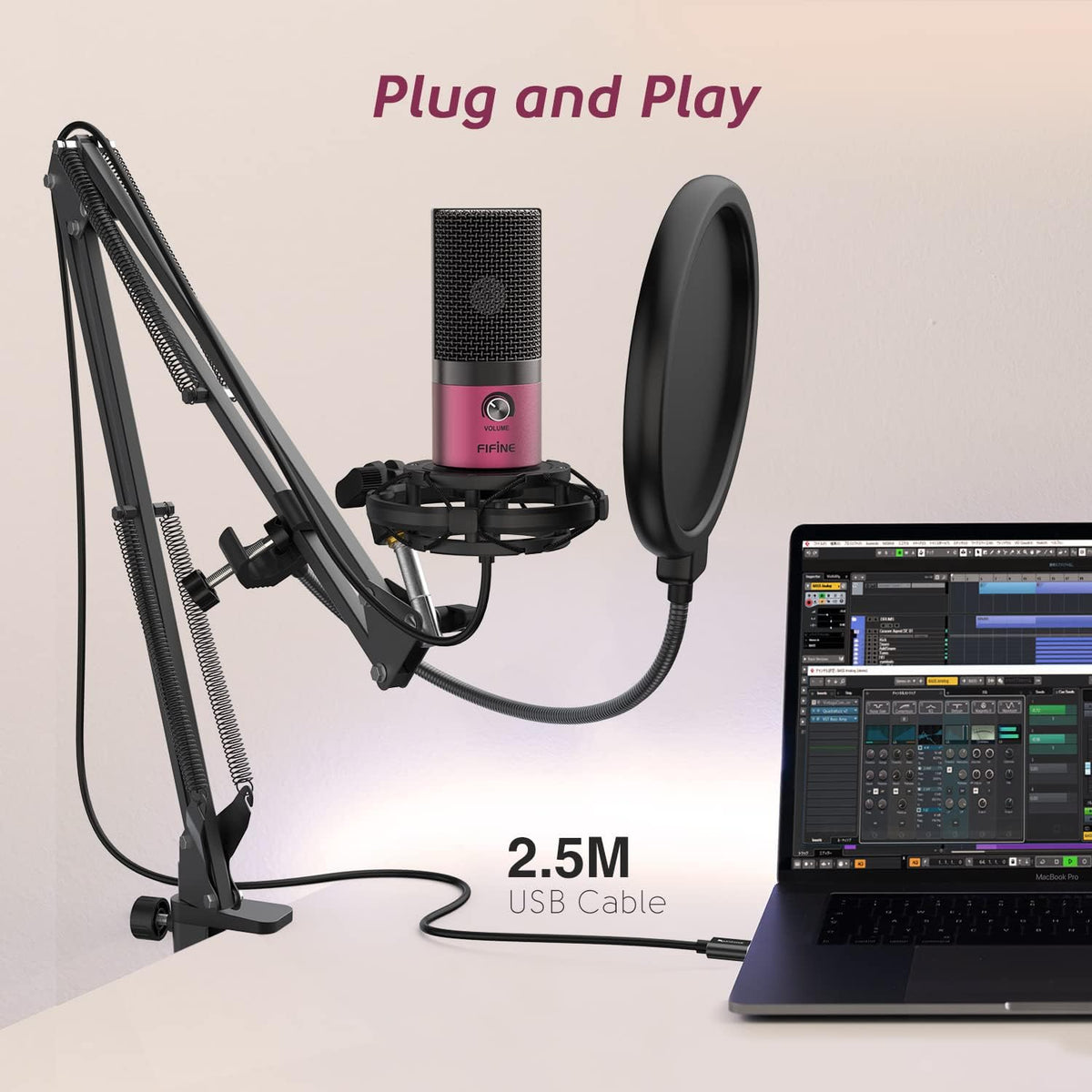 FIFINE Podcast Microphone Kit-USB PC Computer Recording Microphone, Condenser Mic Set for Streaming, Gaming, Voice-Over, Meeting, with Arm Stand, Shock Mount, Pop Filter-T669 Rose Red