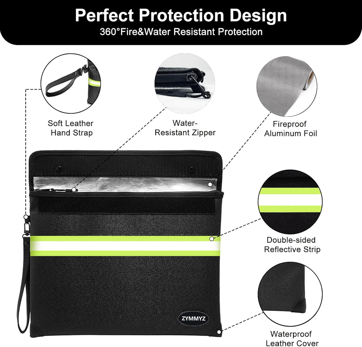 Fireproof Document Bag with Water Resistant Zipper,6200°F Heat Insulated Fire Proof Pouch with Soft Leather Hand Strap,Fire and Waterproof Envelope for Cash,Documents,Jewelry