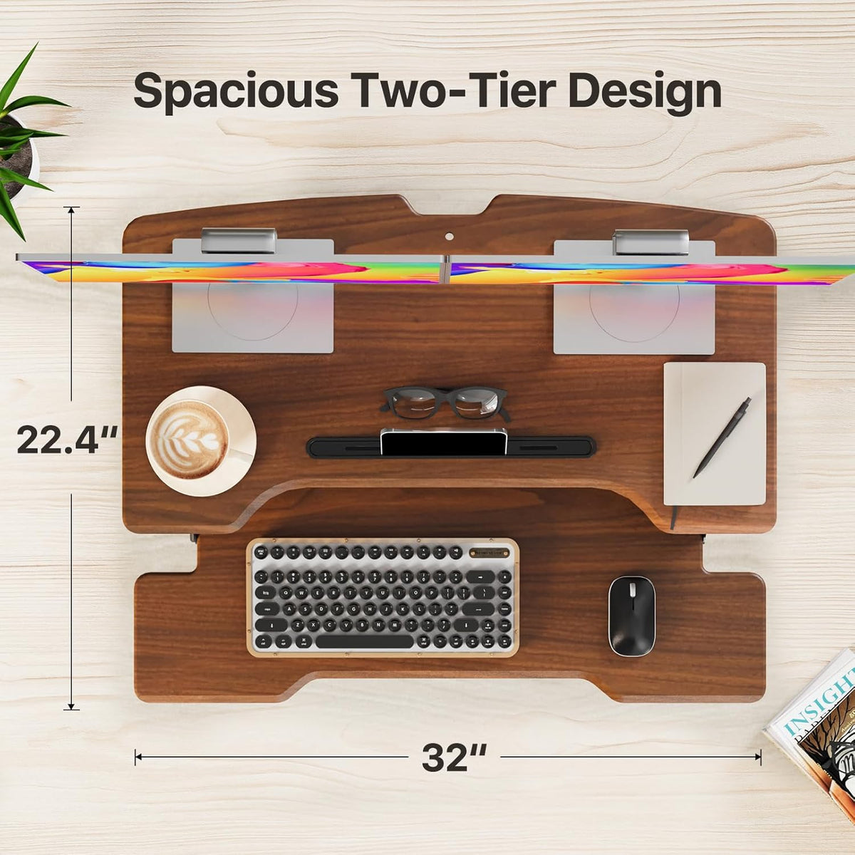Standing Desk Converter 32 inch, Height Adjustable Sit Stand Desk Riser, Quick Sit to Stand Tabletop Dual Monitor Riser Workstation for Home Office with Keyboard Tray, Dark Wood