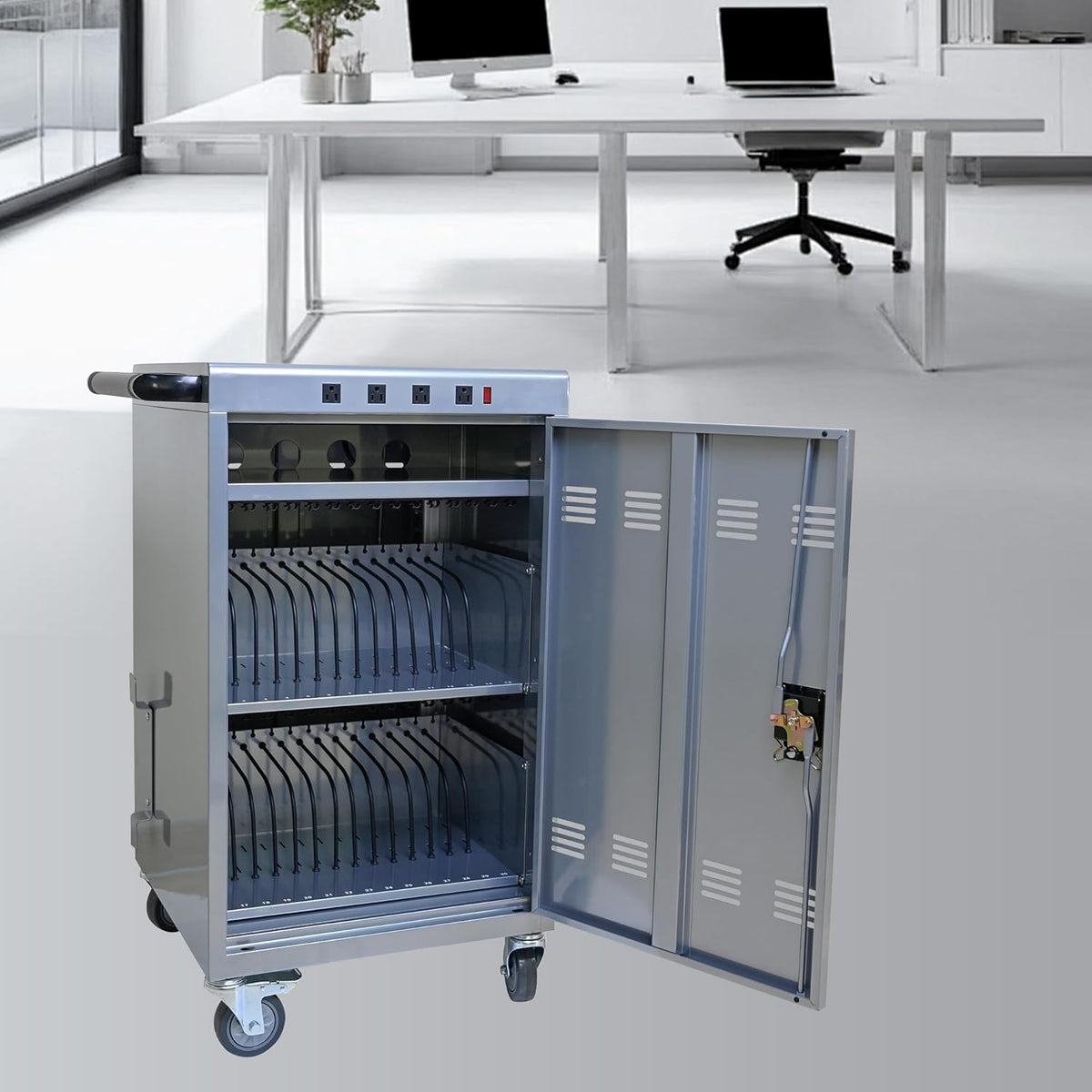 36 Device Charging Cart, Laptop and Tablet Storage Cart, Holds Up to 16.3" with Cord Management, Front and Rear Door Locks, Classroom or Office Charging Cabinet.Silver with 4 Position Power Strip