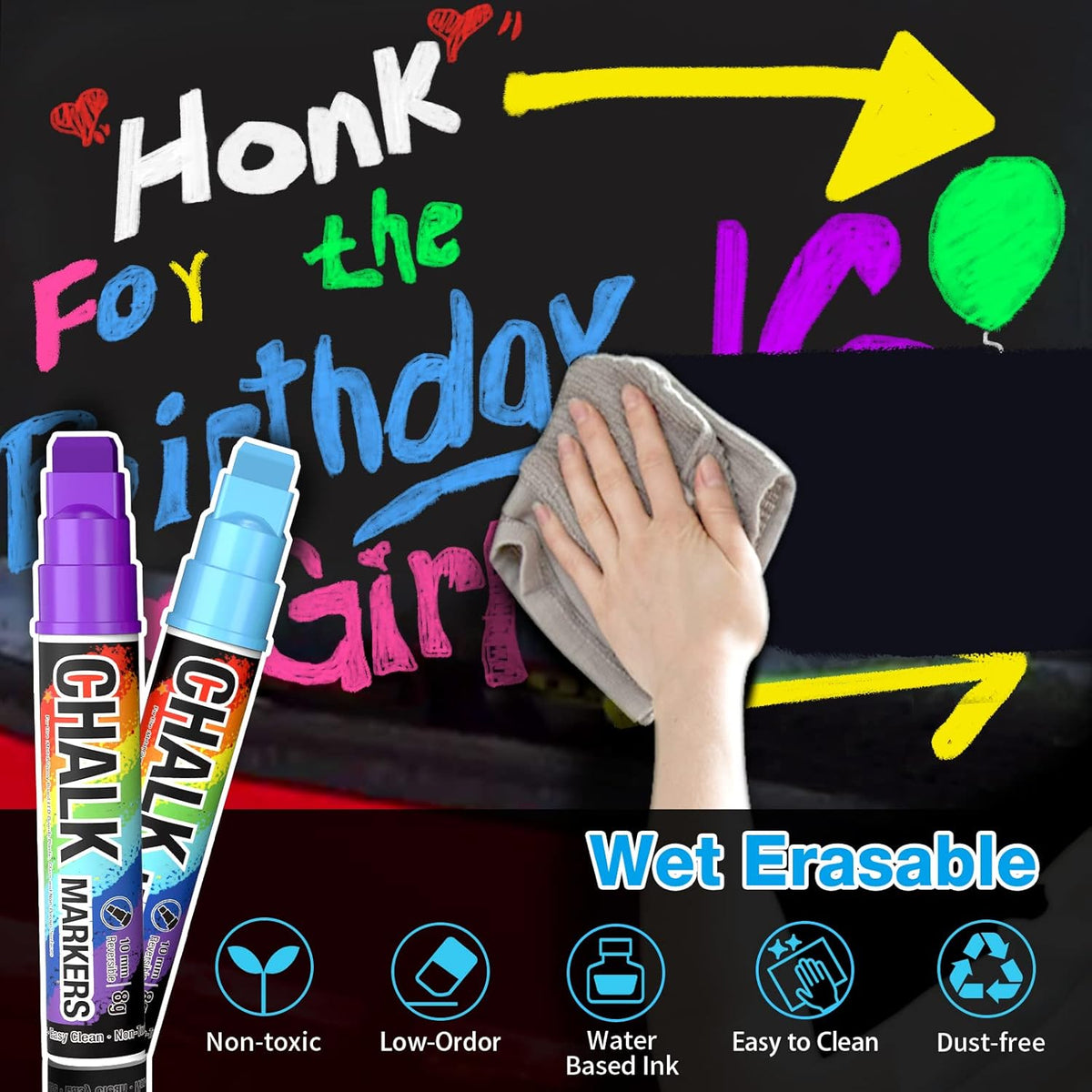 KERIFI Window Chalk Markers for Cars Washable: 10mm Jumbo Liquid Chalk Pens, Wet Erase for Auto Bistro Blackboard Glass Mirror Poster Windows Art Wedding Signs, Just Married Car Decorations (8 Colors)