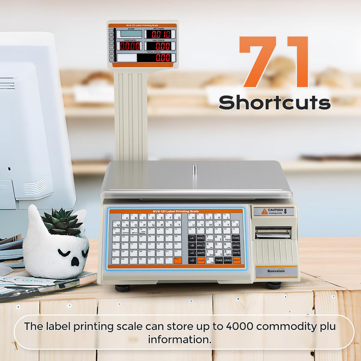 Bonvoisin Label Printing Scale 66lbs Capacity Price Computing Scale Pole Display with Label and Receipt Printer Commercial Barcode Scale for Retail Store, Supermarket and Farm