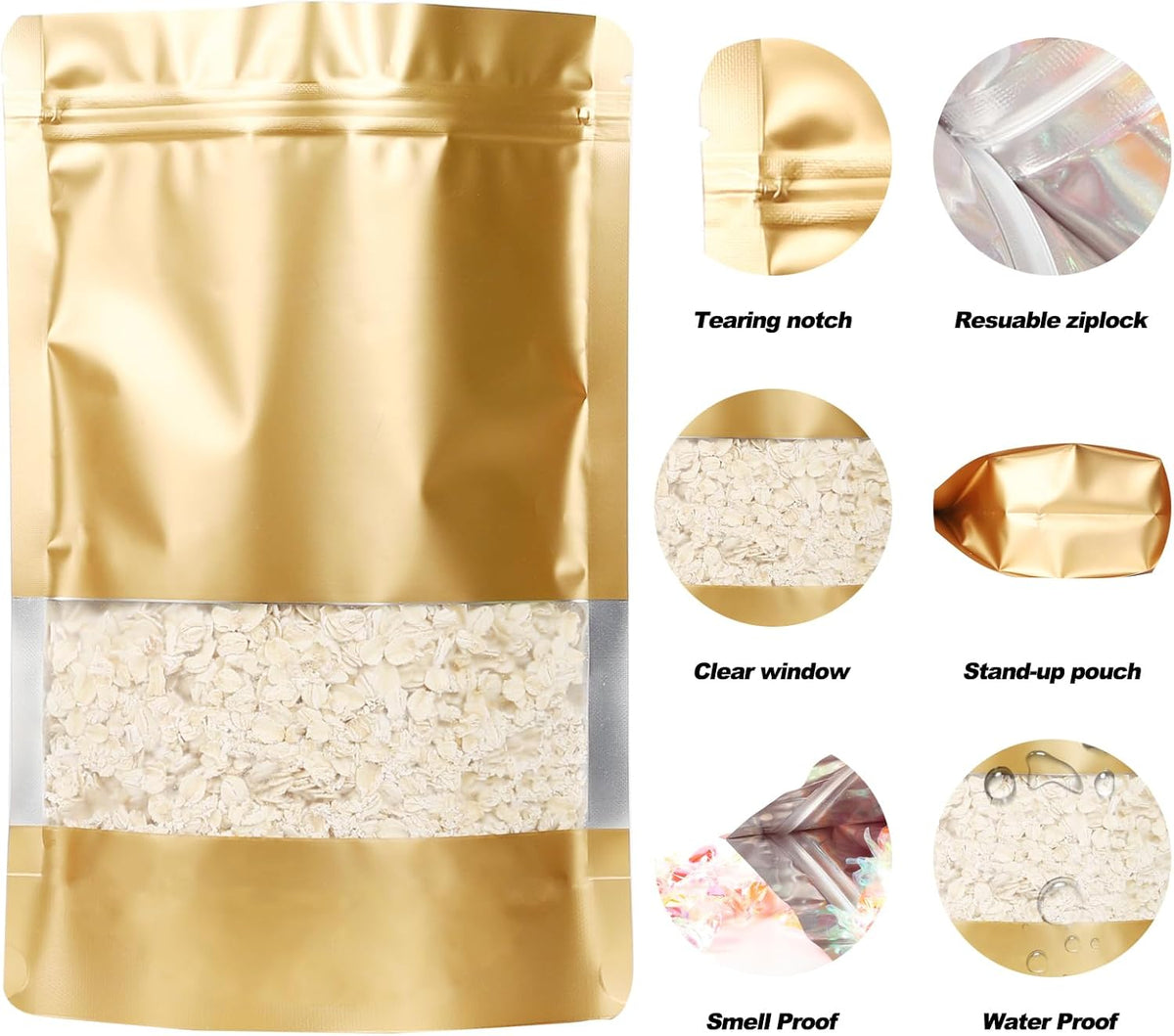 100 Pack Smell Proof Bags, Resealable Mylar Bags with Matte Window, Foil Pouch Stand-up Bags for Food Self Sealing Storage, Scratch Resistant Hand Storage Bags. (Gold, 7×10 Inch)