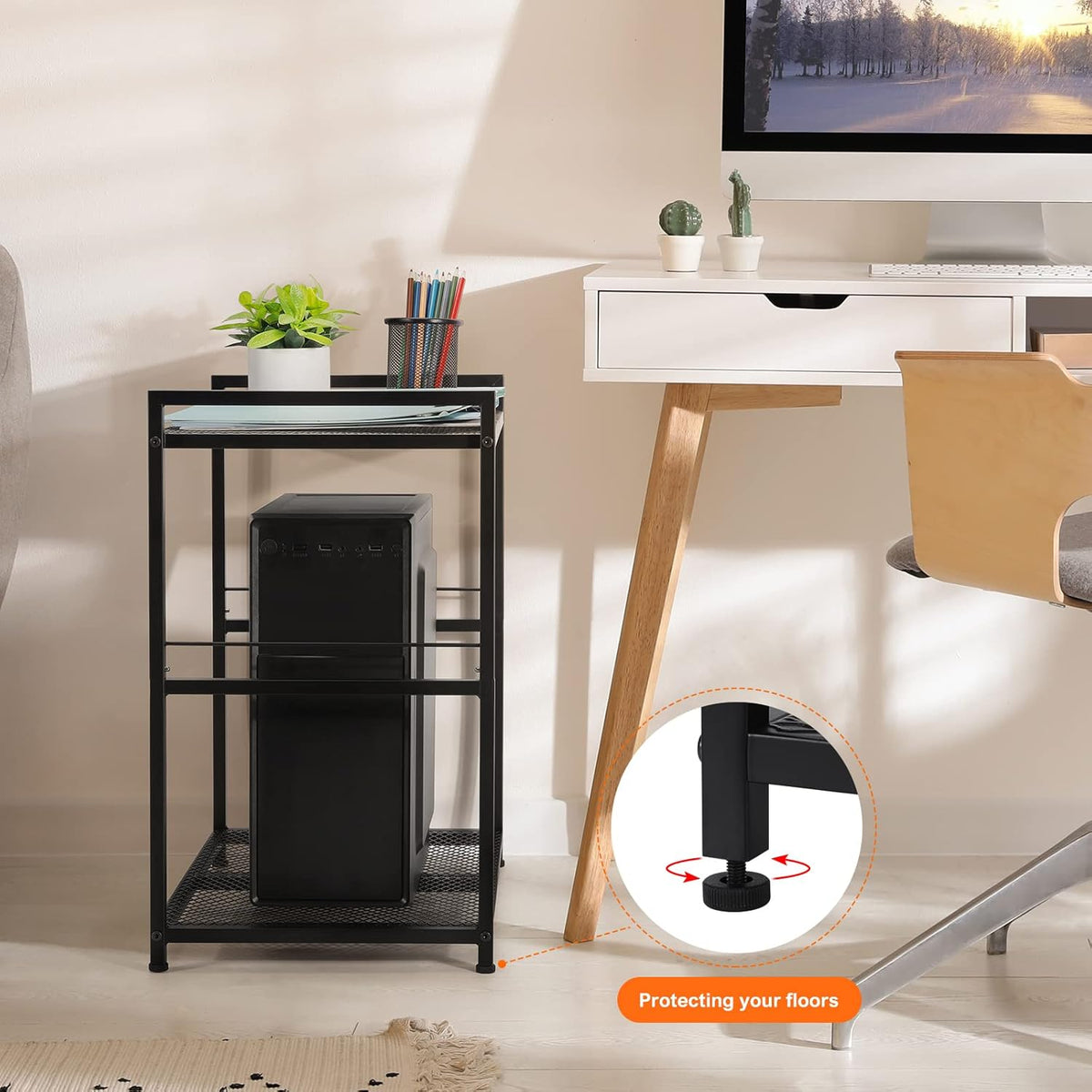 Computer Tower Stand, PC Tower Stand Metal Rolling Cart Holds up to 40lbs, 2 Tier Mobile Printer Stand with Storage Under Desk for Home & Office, Black