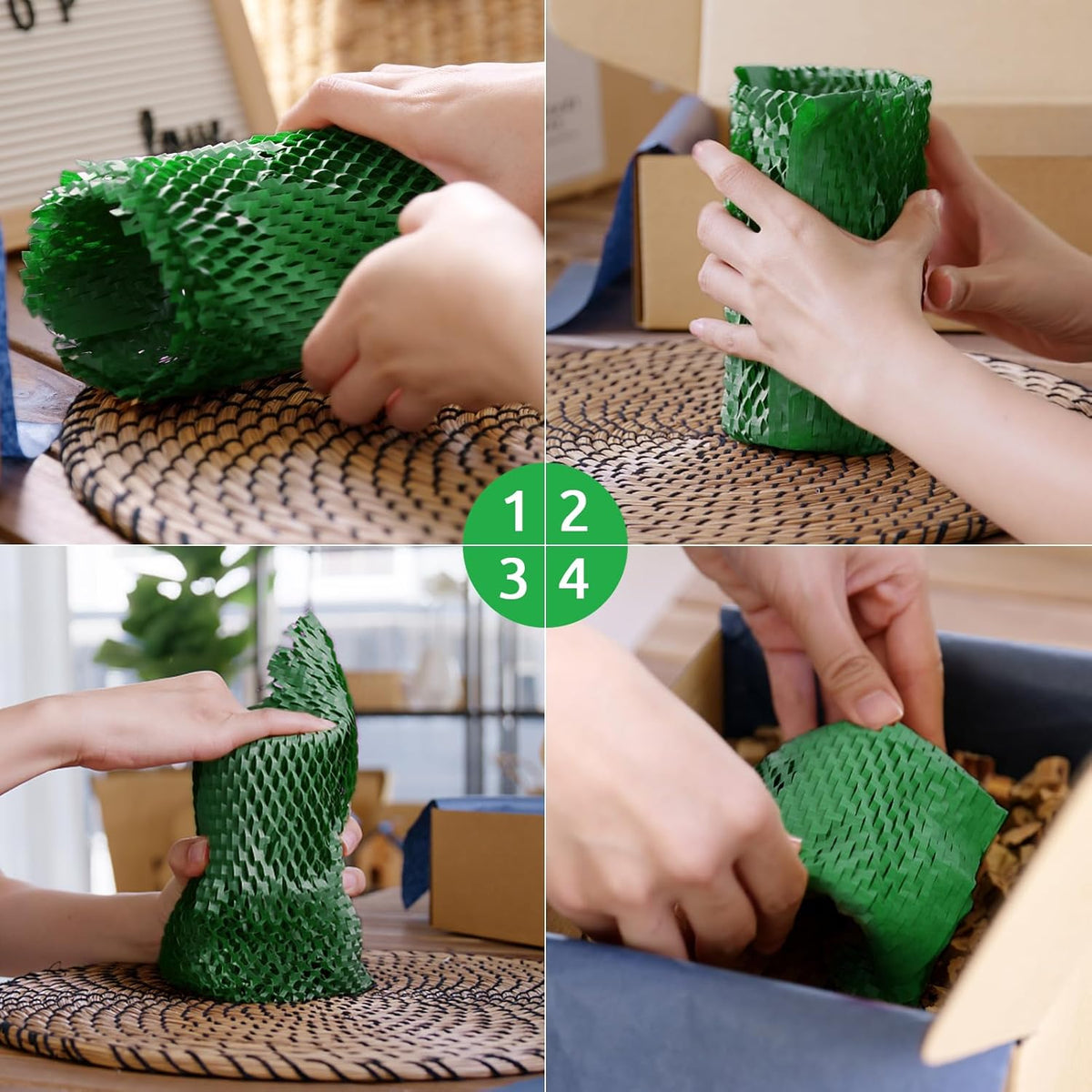 Honeycomb Packing Paper PINENUTS 15" x 131' Eco Friendly Packing Paper for Moving Recyclable Honeycomb Paper Bubble Paper Wrapping with 30 Fragile Sticker Labels and 66fthemp rope (Christmas green)