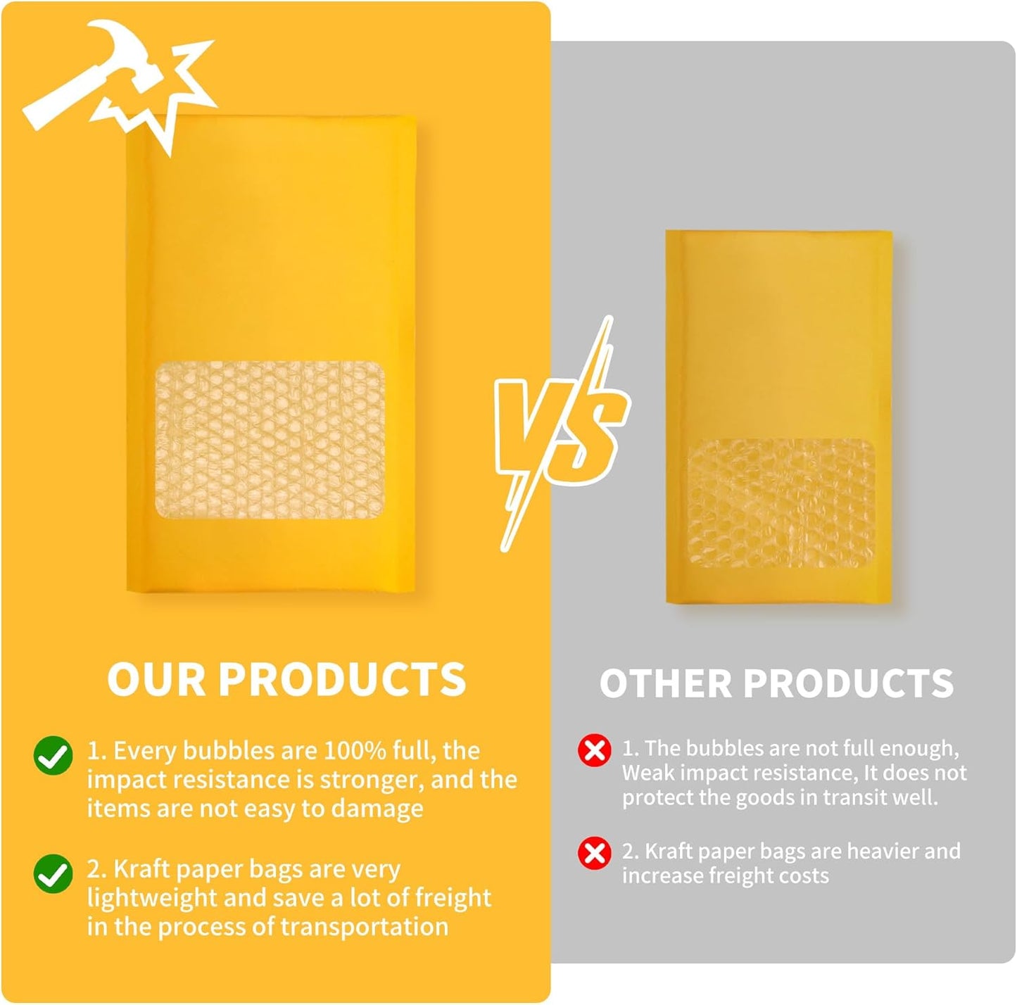 Kraft Bubble Mailers 100 Pack, 5"x10" External Dimension, Usable Size 4x9" Thick Bubble Envelopes Waterproof Cushioned Padded Mailers Shipping Packaging for Small Business Yellow #000