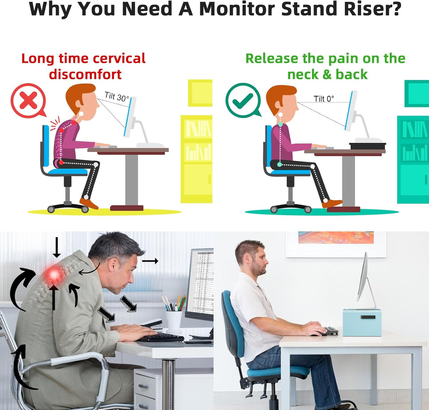 Marbrasse Monitor Stand Riser, 16.5 Inch 2 Tier Computer Printer Shelf Stand for Laptop Computer Screen Storage, Desktop Stand with Phone Holder and Cable Management (Blue)