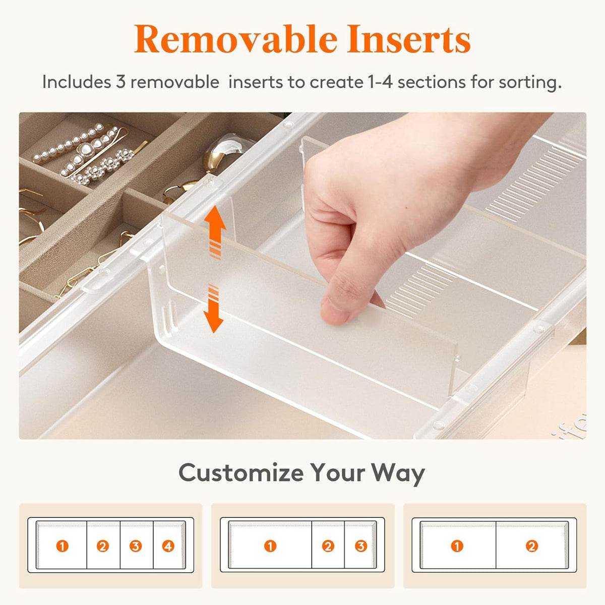Lifewit 2 Pack Sliding Makeup Drawer Organizer Trays with Inserts, Extendable Hanging Desk Drawer Divider, Fits 13-20" Deep Drawers for Vanity, Office, Kitchen, Translucent