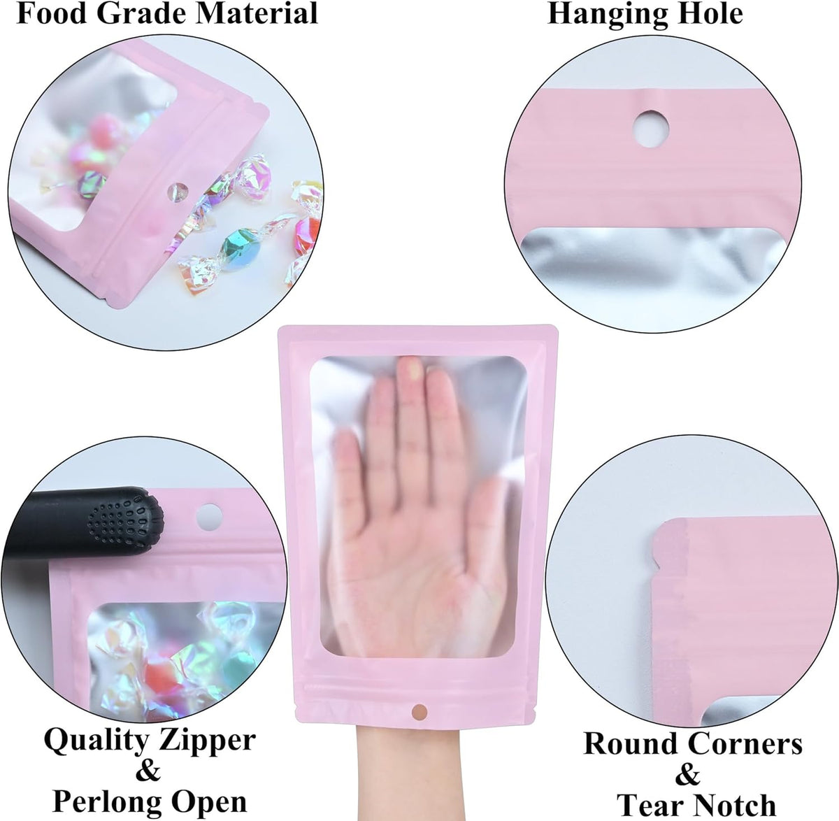 Resealable Mylar Pouch Bag Great for Office Home Party Favor Food Storage (100PCS, Pink Color, 4.7 x 8 inch)