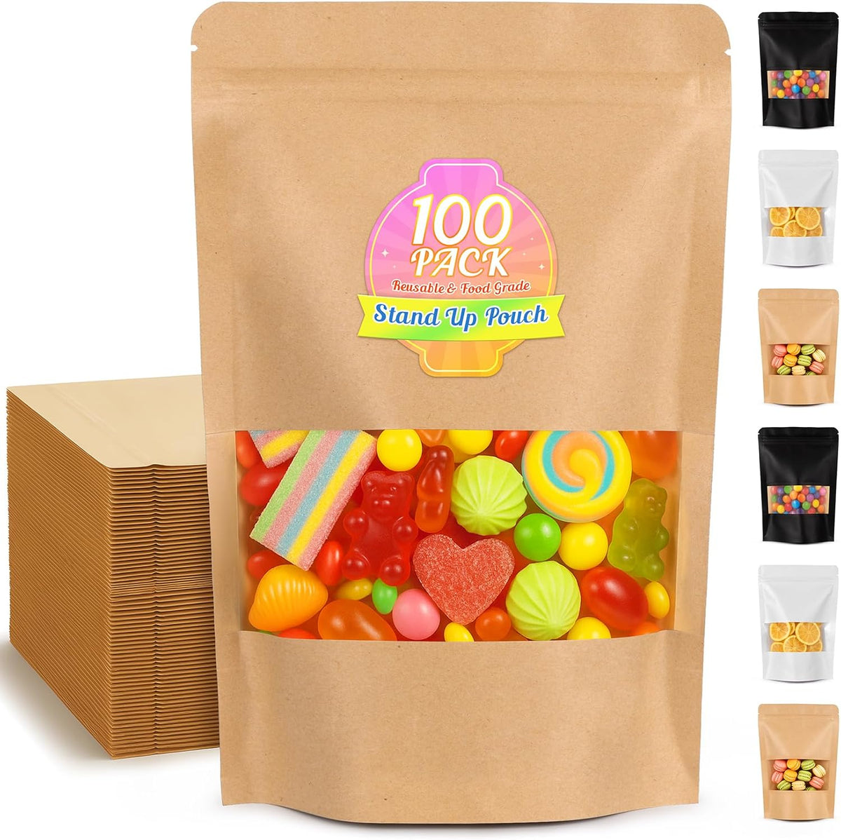 Smell Proof Bag, 100 Pack Mylar Bags for Small Business, Food Storage Bags with Window, Dog Treat Bag, Bakery Bags, Candy Packaging, Resealable Paper Stand Up Pouch (5.5"x7.9")