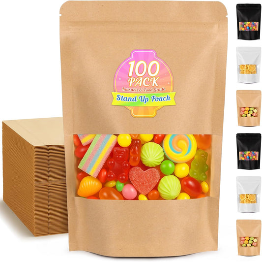Food Bags 100 Pack Granola Trail Mix Bags Kraft Pouches with Window Resealable Mylar Stand Up Pouches Wax Melt Candy Bar Tea Packaging Beef Jerky Chip Bag Bolsas para Carne Seca (3.5"x5.5")