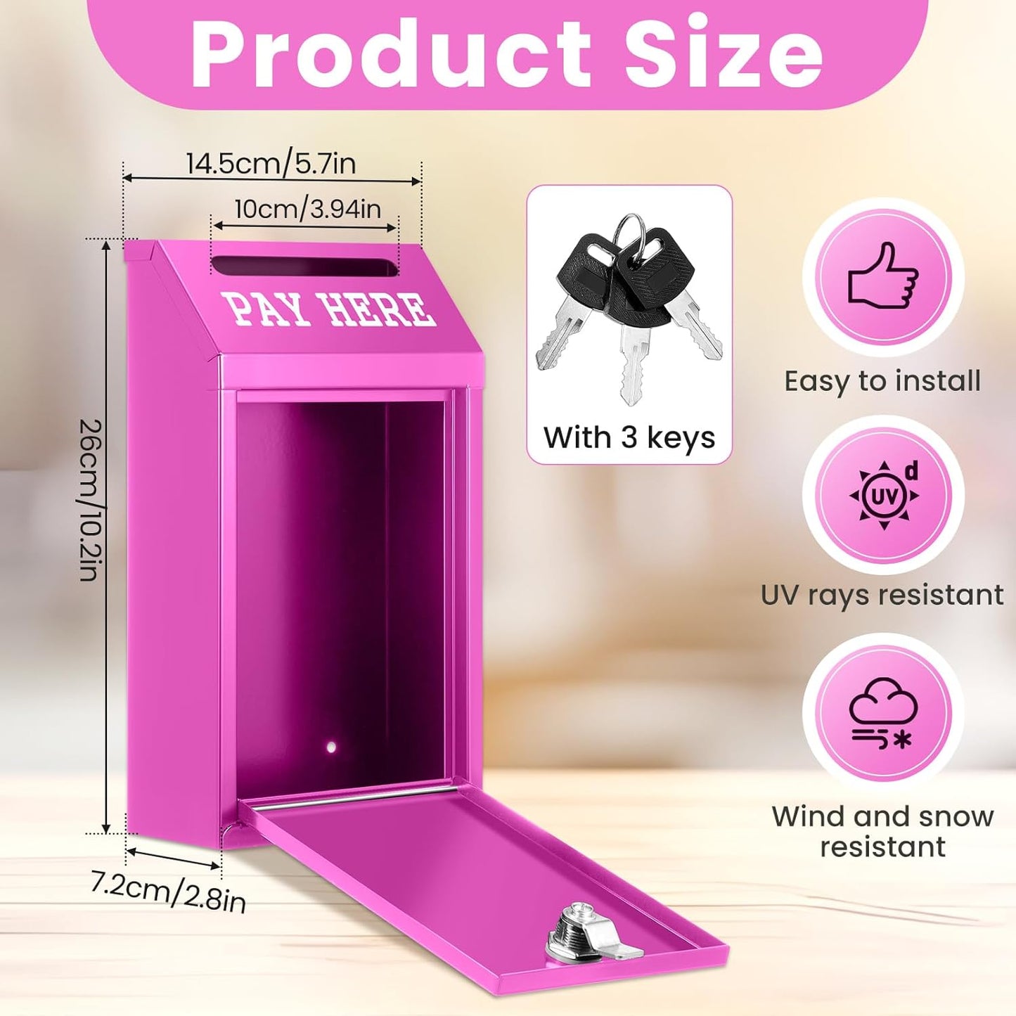 Safe Cash Box Money Collection Metal Donation Box with Lock Wall Mount Pre Drilled Mailbox Delivery Ballot for Home Office Outdoor Self Serve Stand(Rose Red,10.2 x 5.7 x 2.8 Inch)