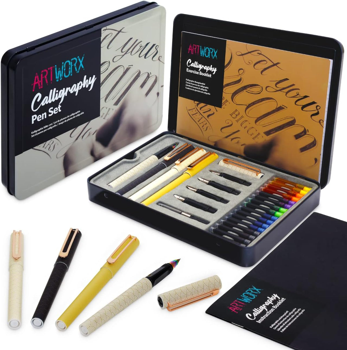Artworx Calligraphy Pens Set - Introductory Caligraphy Writing & Hand Lettering Kit - Includes Instructions, Guide Book and Practice Book - Calligraphy Set For Beginners