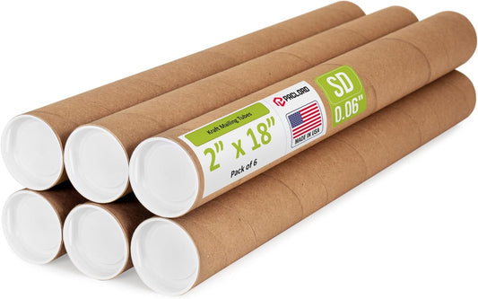 2" x 18" Reinforced Kraft Paper Mailing Tube, Pack of 6 Tubes with 12 Caps – Secure USPS Approved Poster Tube – Cardboard Tube for Shipping and Storing Posters, Prints, Artwork, or Documents