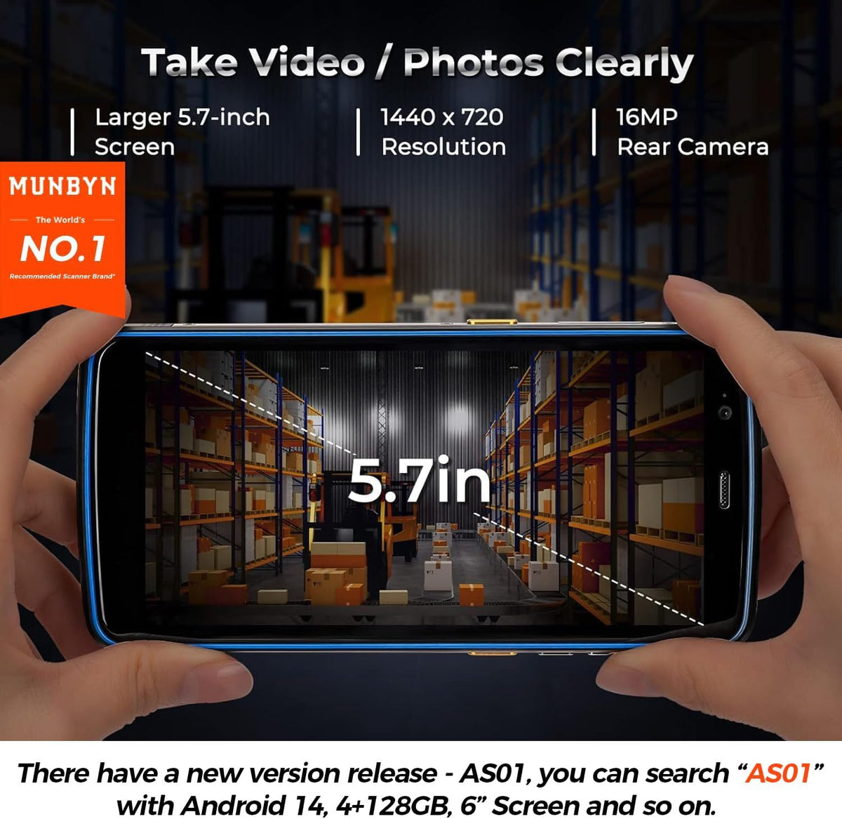 MUNBYN Android Barcode Scanner with Large Screen 5.7-inch PDA Android 10, 2D 1D QR Barcode Scanner, Inventory Handheld Mobile Computer, 4+64G, IP67 Dual-Band Wi-Fi 4G BT Data Collector for Warehouse