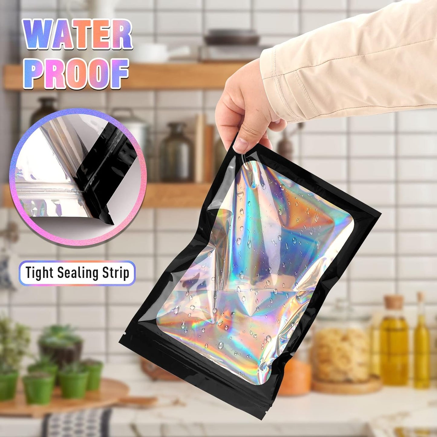 Mylar Bags, 100 PCS Holographic Bags, Smell Proof Bag with Sealing Strip, Resealable Bag (3x5 Inch)