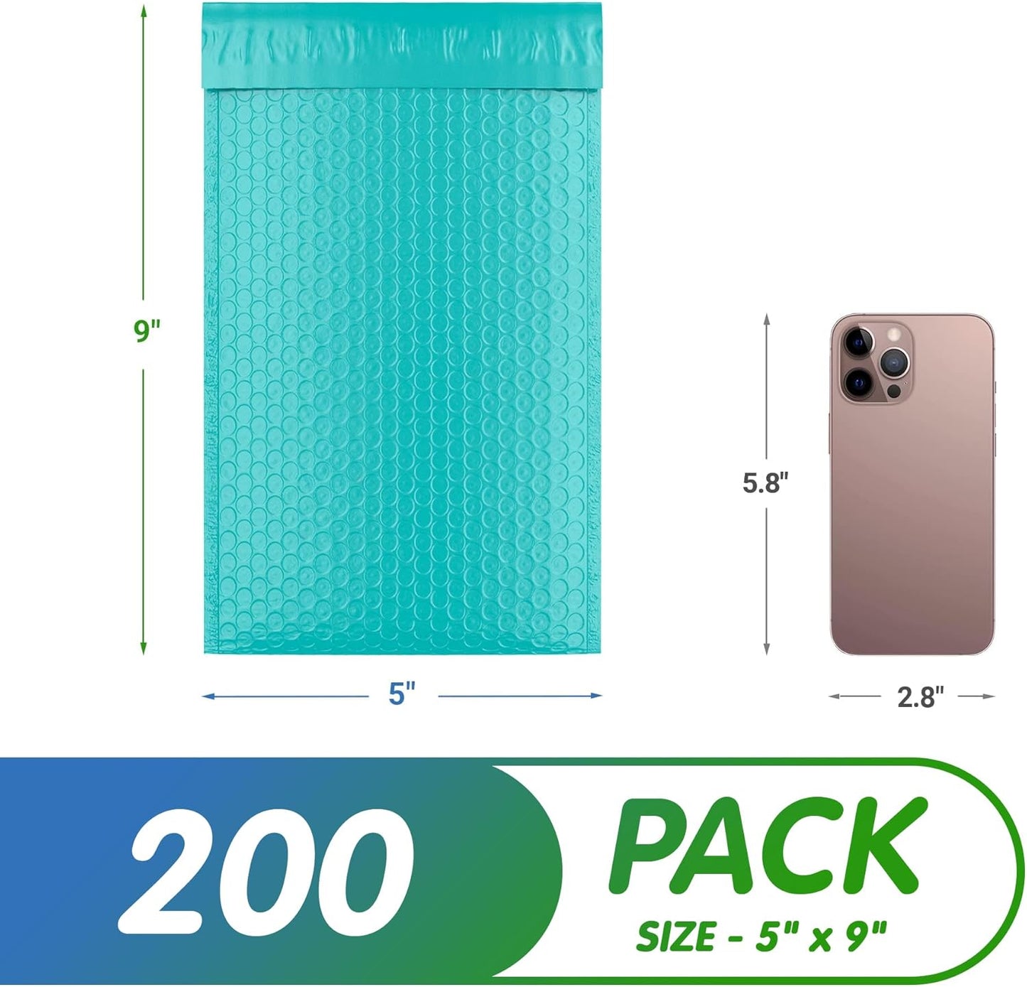 Teal Poly Bubble Mailers Self Seal, 5 x 9 Inch. Pack of 200 Bubble Packaging Envelopes for Shipping. Durable Padded Envelopes Waterproof. Self Seal Padded Mailers. Shipping Packages