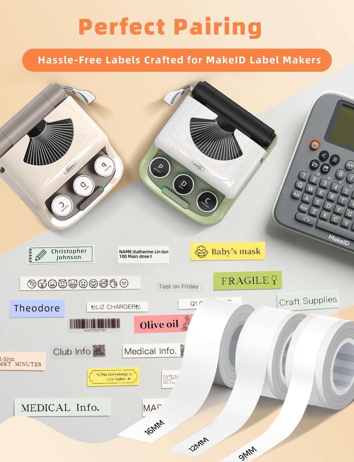 MakeID E1 Q1 Label Maker Tape Refills, 3-Roll 9/12/16mm Continuous Consumables Thermal Laminated Office Labeling Tape Replacement