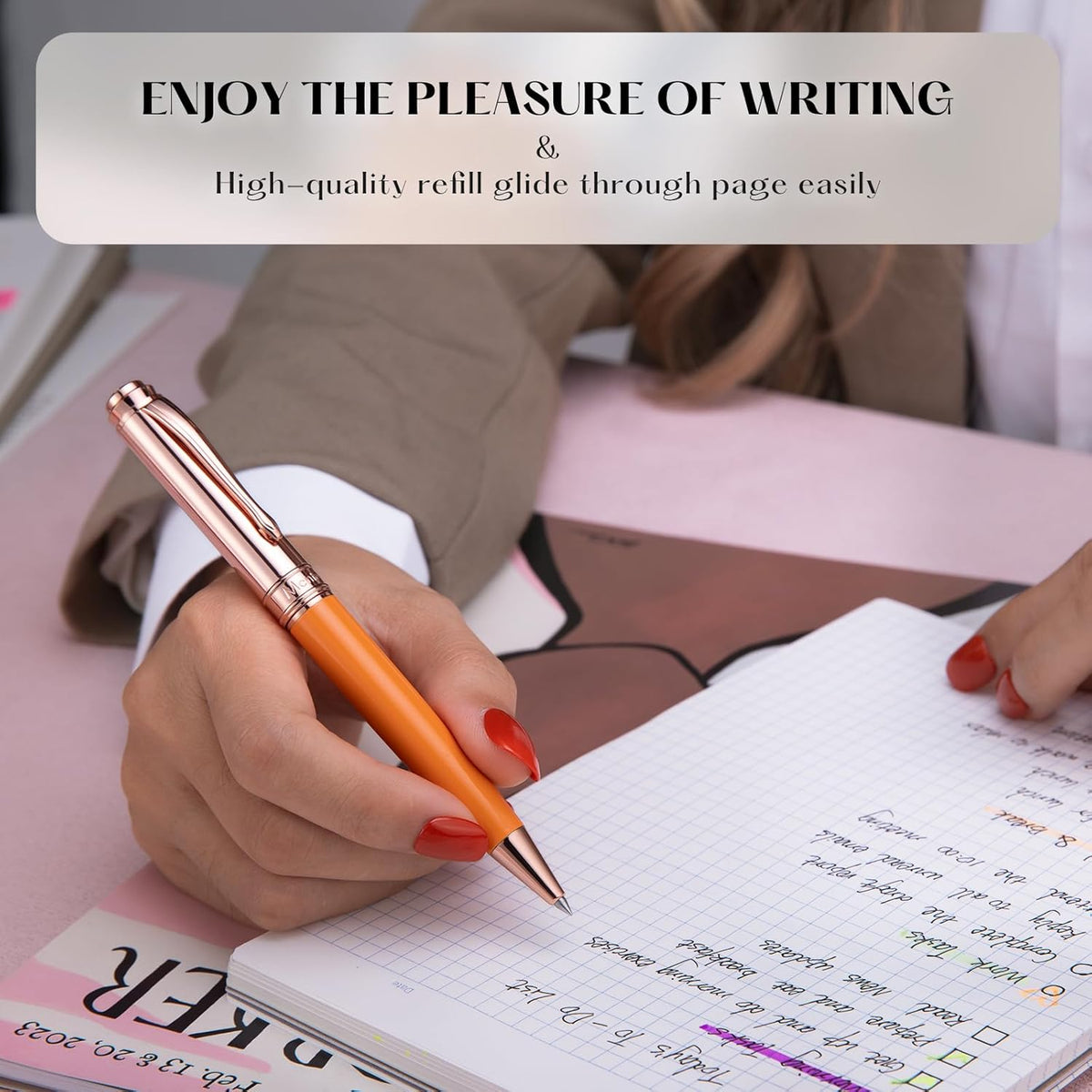 Luxury Gel Pen, Top Set With 8mm Brilliant Diamond,Bright Orange Pen Lacquer,Rose Real Gold Finish, Black Refill,Elegant Gift Pen For Women, Unique, Office,Nice Designer Pens
