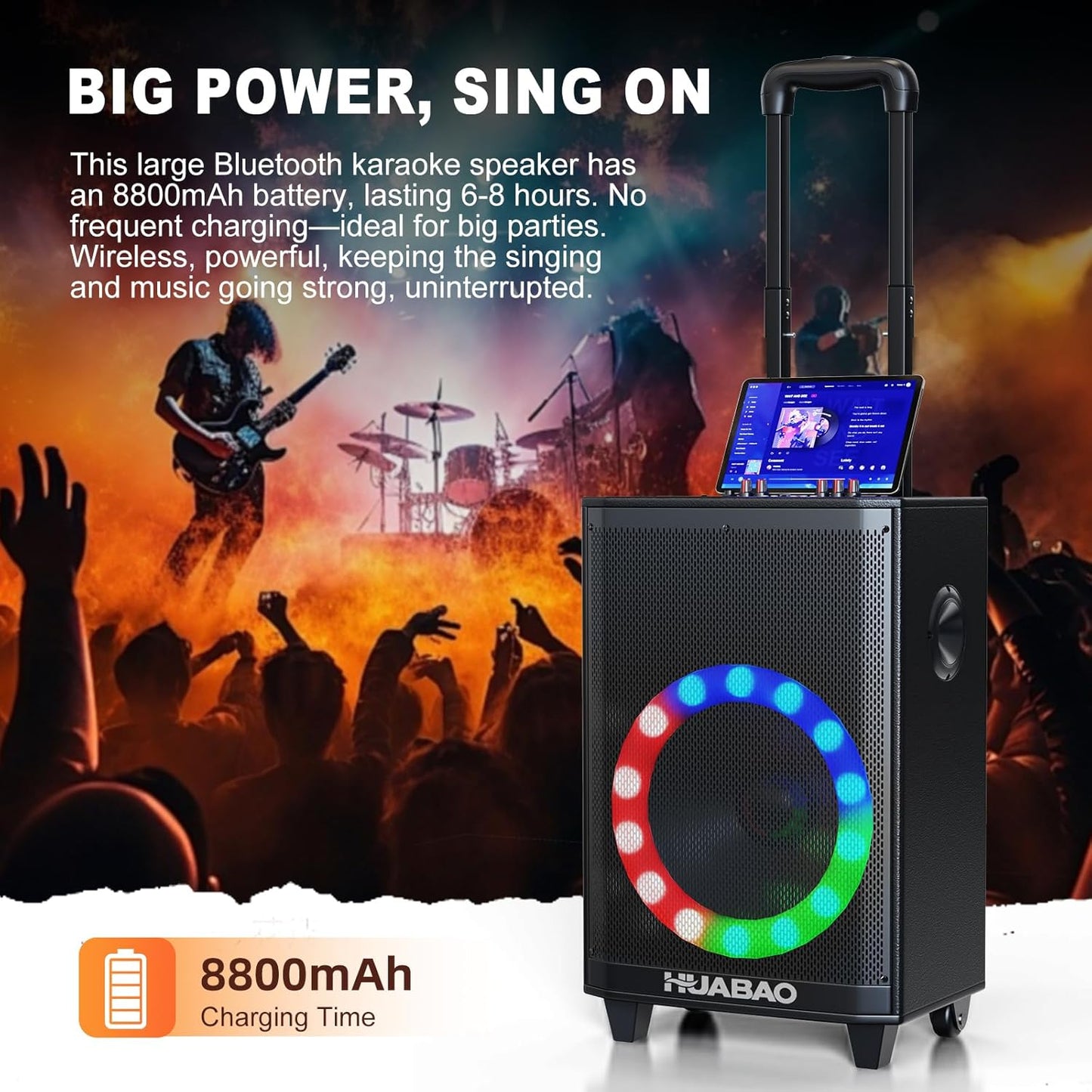 Large Bluetooth Karaoke Speaker with 2 Wireless Microphones, 11 Speaker System with 8800mAh Battery, Trolley PA System with Lights, Remote, FM/AUX/USB/TF, Bass & Treble Adjust, Ideal for Outdoor Party