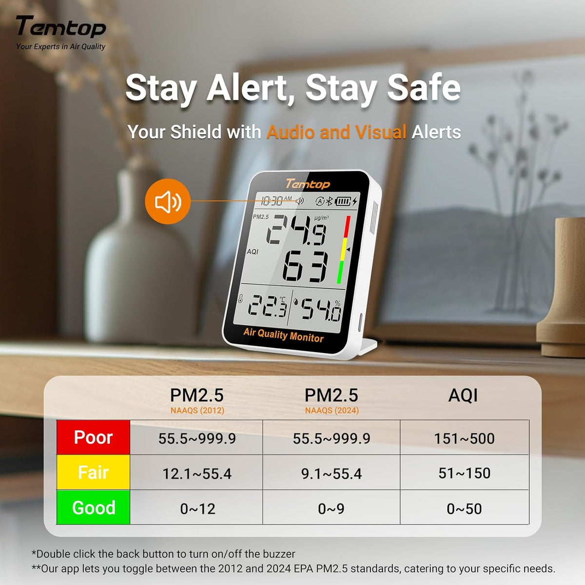 Temtop Smart Indoor Thermometer S1+, Accurate Temperature & Humidity Measurement, Real-Time PM2.5 AQI Display, Digital Hygrometer for Home, Office, or School, App Connectivity, 60-Day Battery Life
