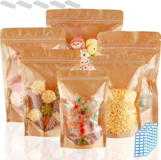 150-Pack Kraft Paper Bags with Clear Window 4" x 6" Reclosable Small Stand Up Mylar Bags for Food Storage Resealable Smell Proof Pouch, Edible Packaging, Reusable bags for Small Business