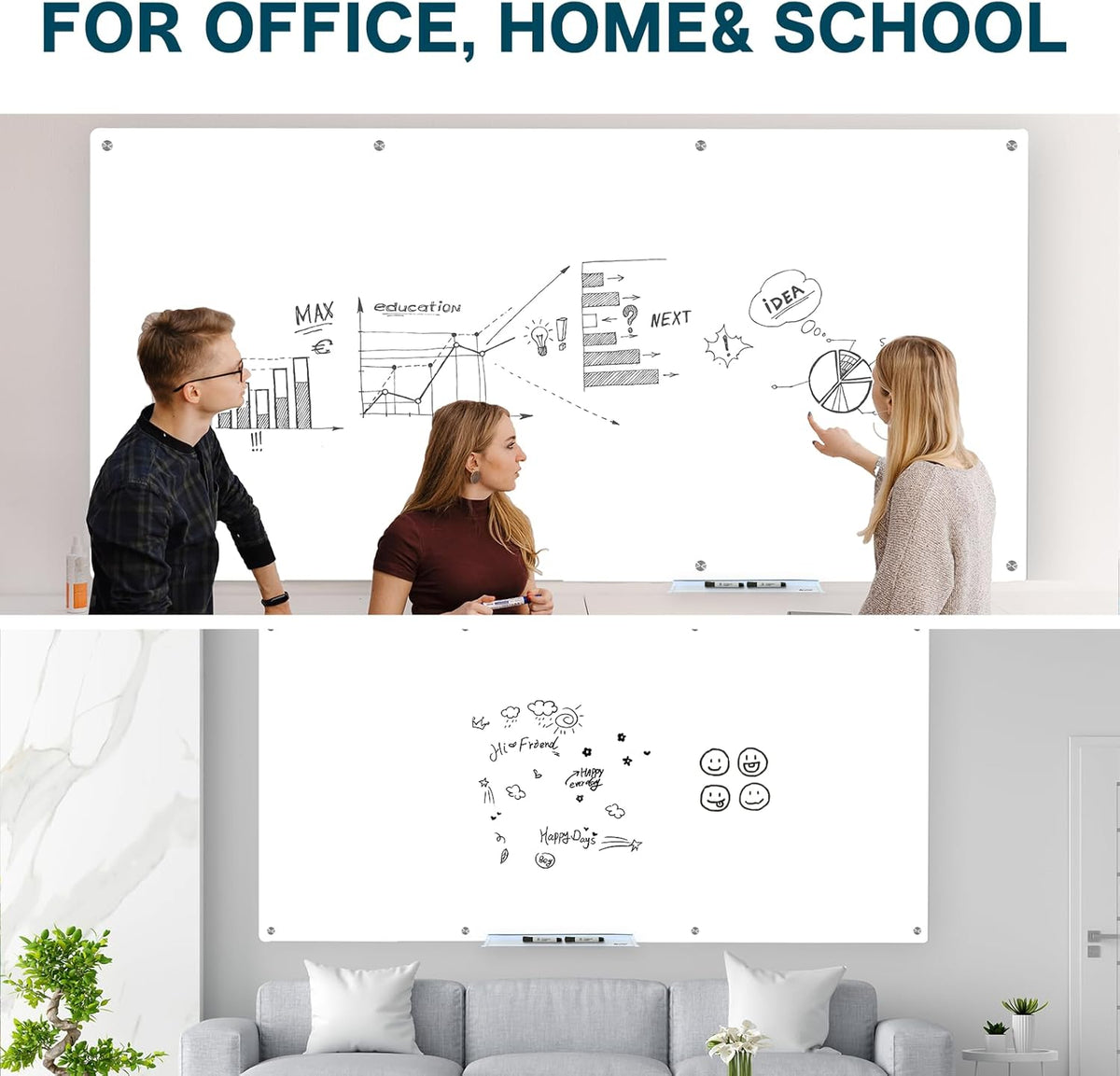 J&J worldwide Glass Whiteboard, Magnetic Brilliance White Glass Dry Erase Board 8' x 4', Includes Markers, Marker Tray, Eraser for Wall, Office, Home, School