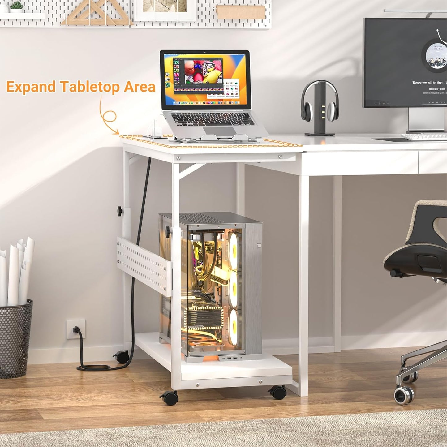 32" Large Computer Tower Stand with Power Strips, 4 Levels Manual Height Adjustable PC Tower Stand for Under Desk, Mobile Rolling CPU Holder Computer Cart with Wheels, Carbon Fiber White