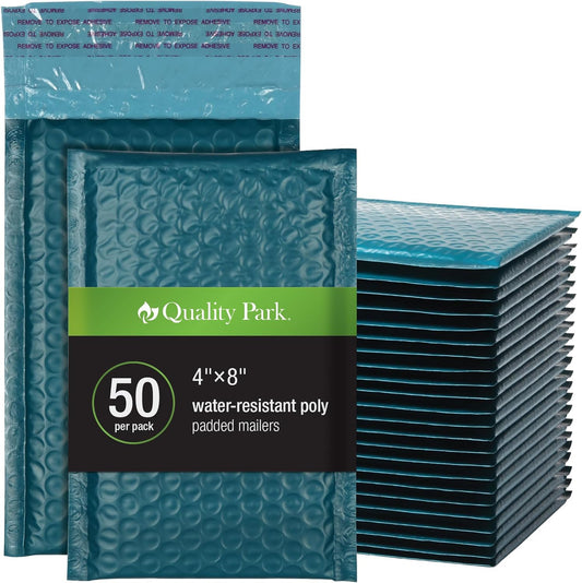 Quality Park Bubble Mailers, 4 x 8 Shipping Envelopes, Self-Seal, Small Blue Padded Envelopes, Redi-Strip Peel Off Closure, 50 Per Box (QUA85909)