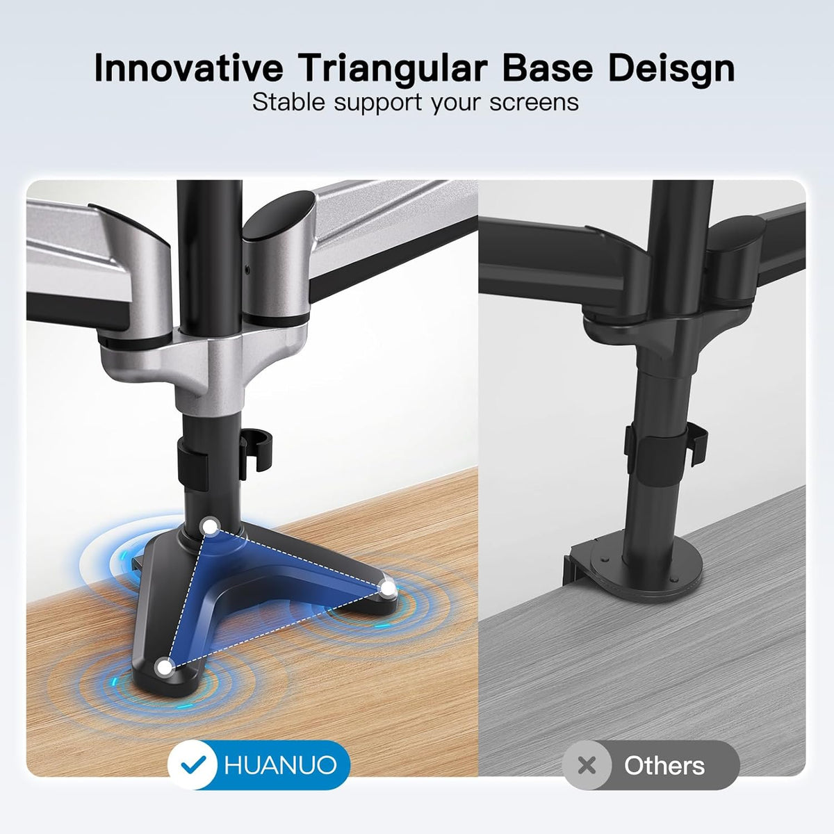 HUANUO Triple Monitor Stand - Full Motion Articulating Gas Spring Monitor Mount Fit Three 17 to 32 inch Flat/Curved LCD Computer Screens with Clamp, Grommet Kit, Silver