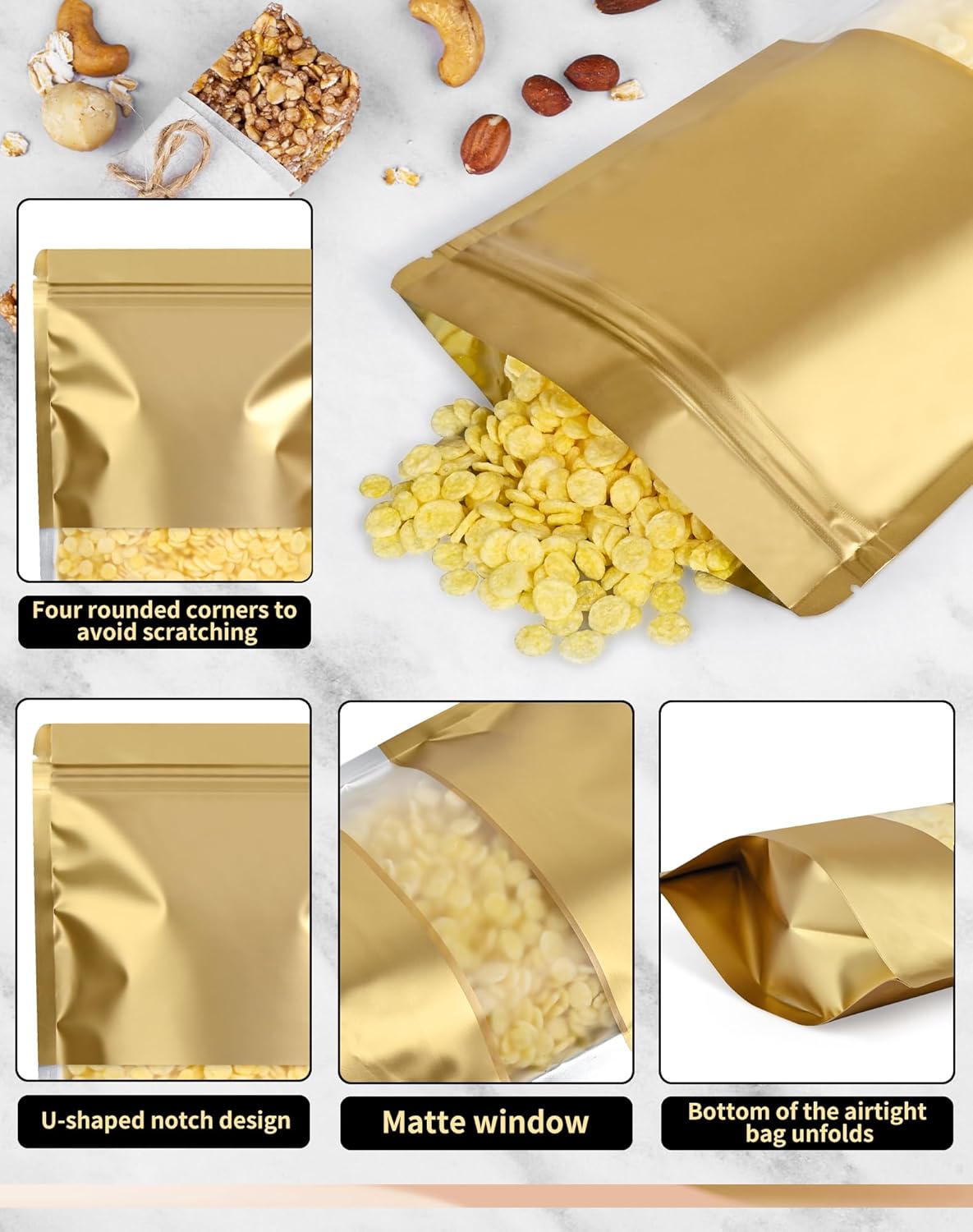 FireKylin 100 Pack Smell Proof Bags 7.9" x 11.8", Resealable Bags with Matte Window, Foil Pouch Stand Up Sealable Bags for Packaging(Gold)