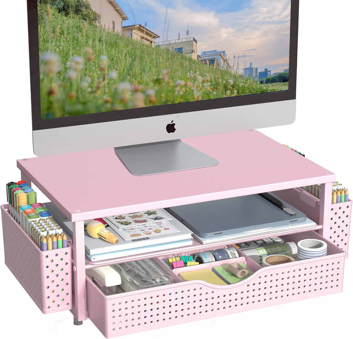 Desk Organizer and Accessories, Computer Monitor Stand Riser with Drawer and 2 Pen Holders, Office Desk Accessories & Workspace Organizers for Office Supplies (Pink)