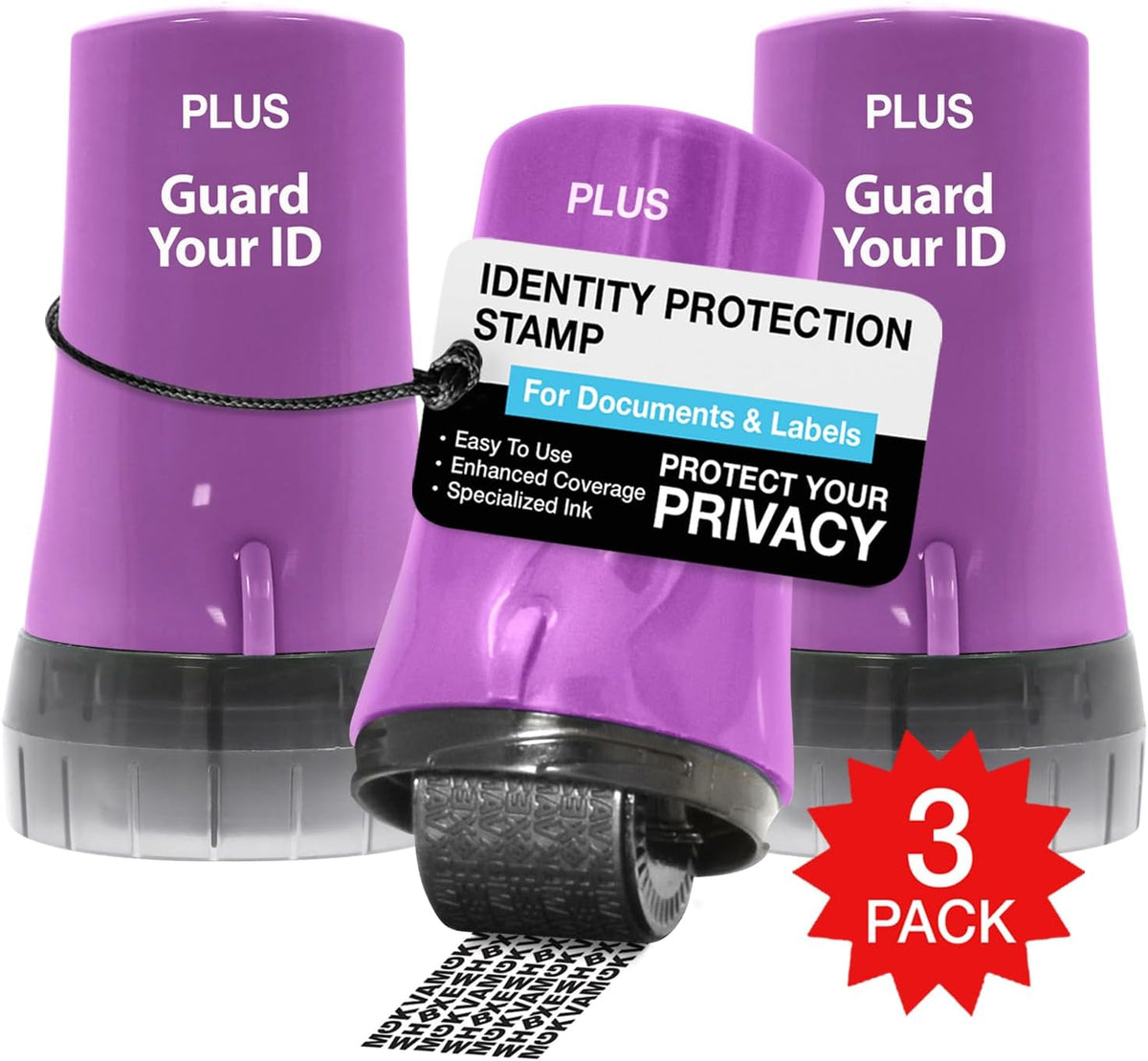 Identity Theft Protection Roller 3-Pack Advanced 2.0 Security Stamp by Guard Your ID (Regular 3-Piece, Purple)