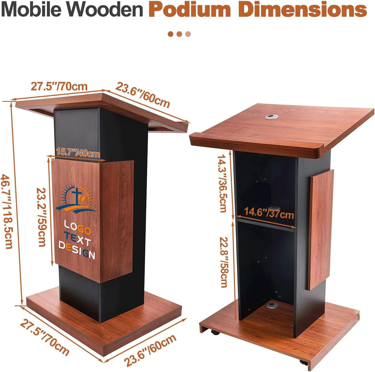47’’ Customized Wooden Podium Stand with 4 Wheels, Portable Lectern Churches with Wire Hole, Pulpits Stand with Storage for Churches, Office, School Home Conference Restaurant Meeting