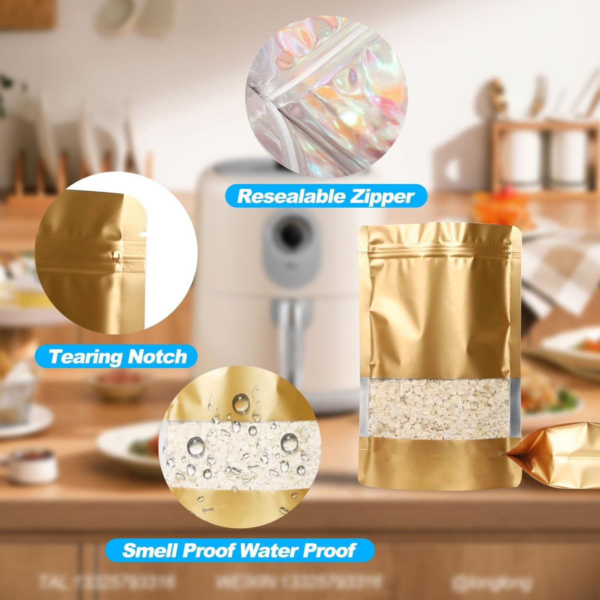 100 Pack Smell Proof Bags, Resealable Mylar Bags with Matte Window, Foil Pouch Stand-up Bags for Food Self Sealing Storage, Scratch Resistant Hand Storage Bags.(Gold, 4.7×7.9 Inch)