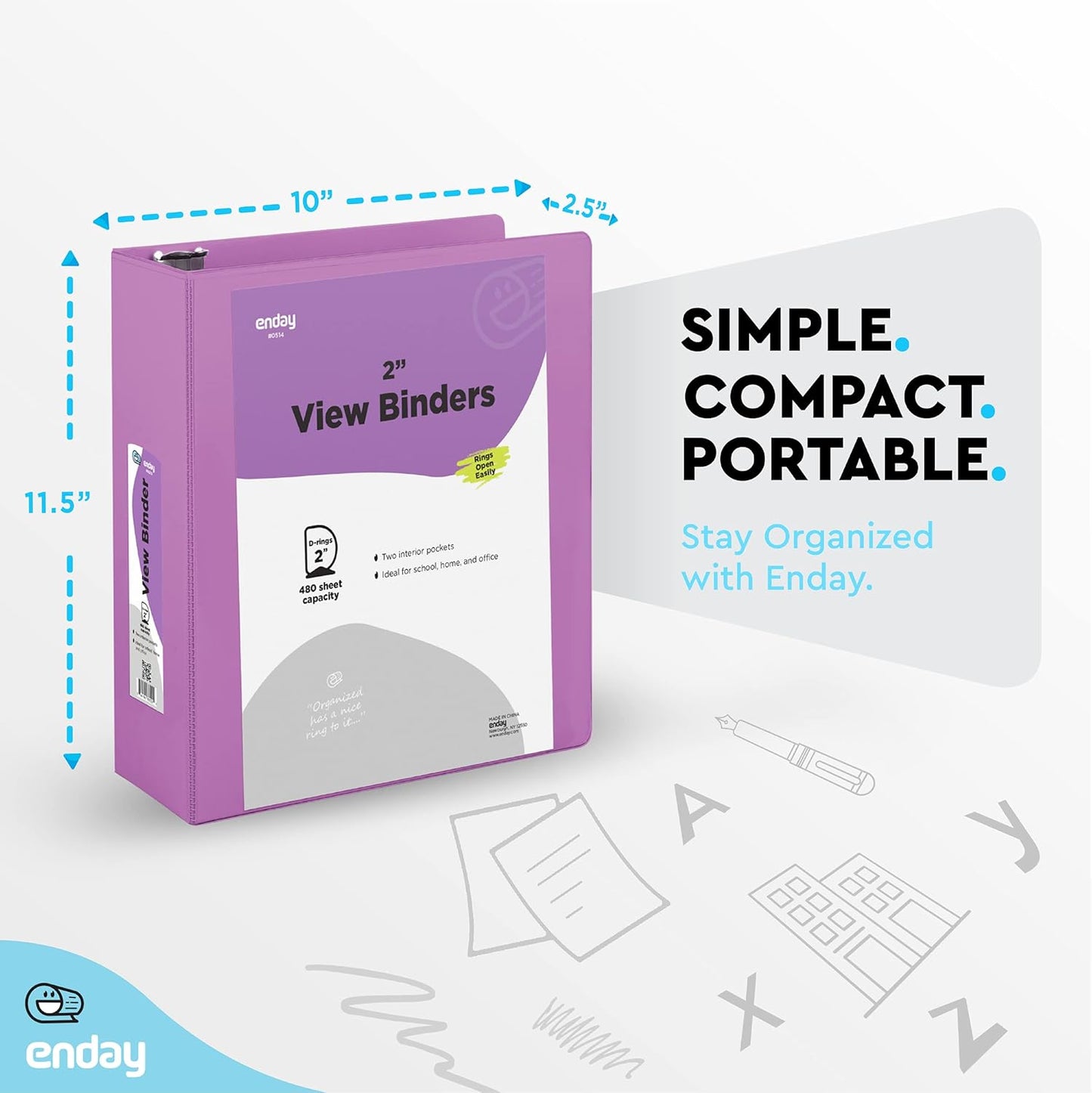 3 Slant D-Ring Binder 2 Inch Binder Purple, 2 in Clear View Cover w/ 2 Inside Pockets, Heavy Duty Colored School Supplies Binders Also Available in Blue, Pink, Red, Green, Grey (6 PC)–by Enday