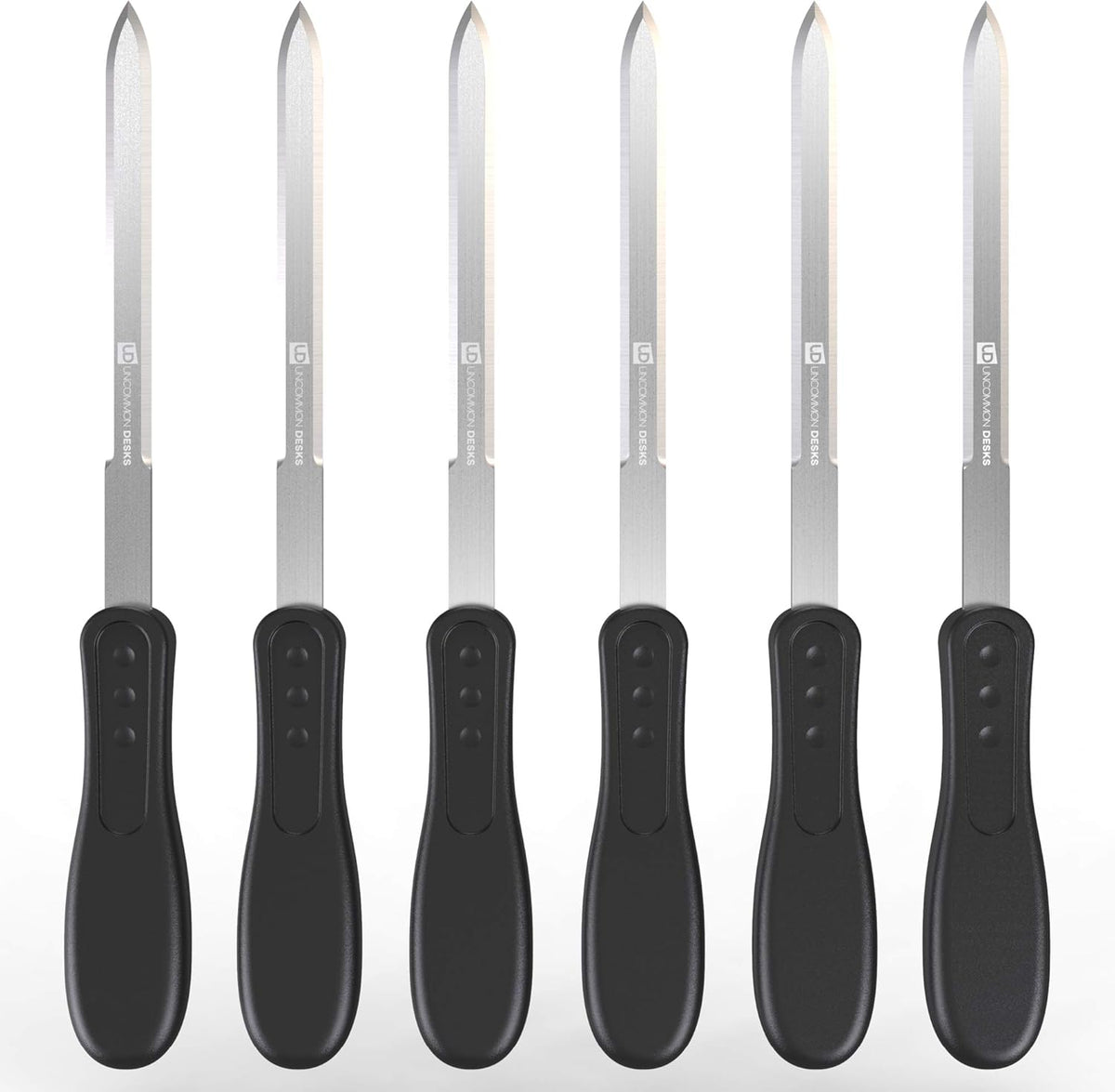 Uncommon Desks Office Letter Opener - Stainless Steel Knife-Edge Blade, Ergonomic Grip Handle (Black, 6 Pieces)