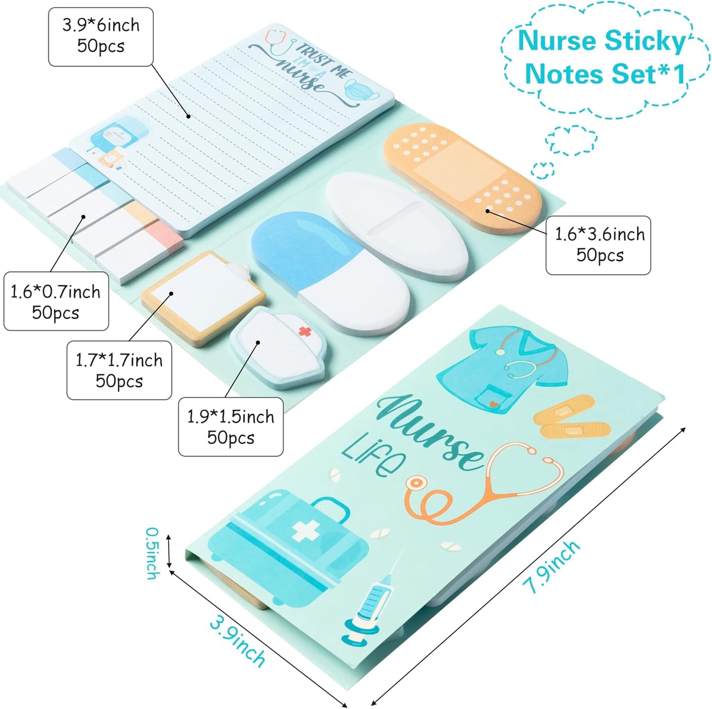 Xqumoi Nurse Sticky Notes Set, 550 Sheets, Cute Cartoon Medical Supplies Self-Stick Notes Pads Bundle Writing Memo Pads for Nursing Student Essentials Hospital Back to School Nurse Supplies Gift