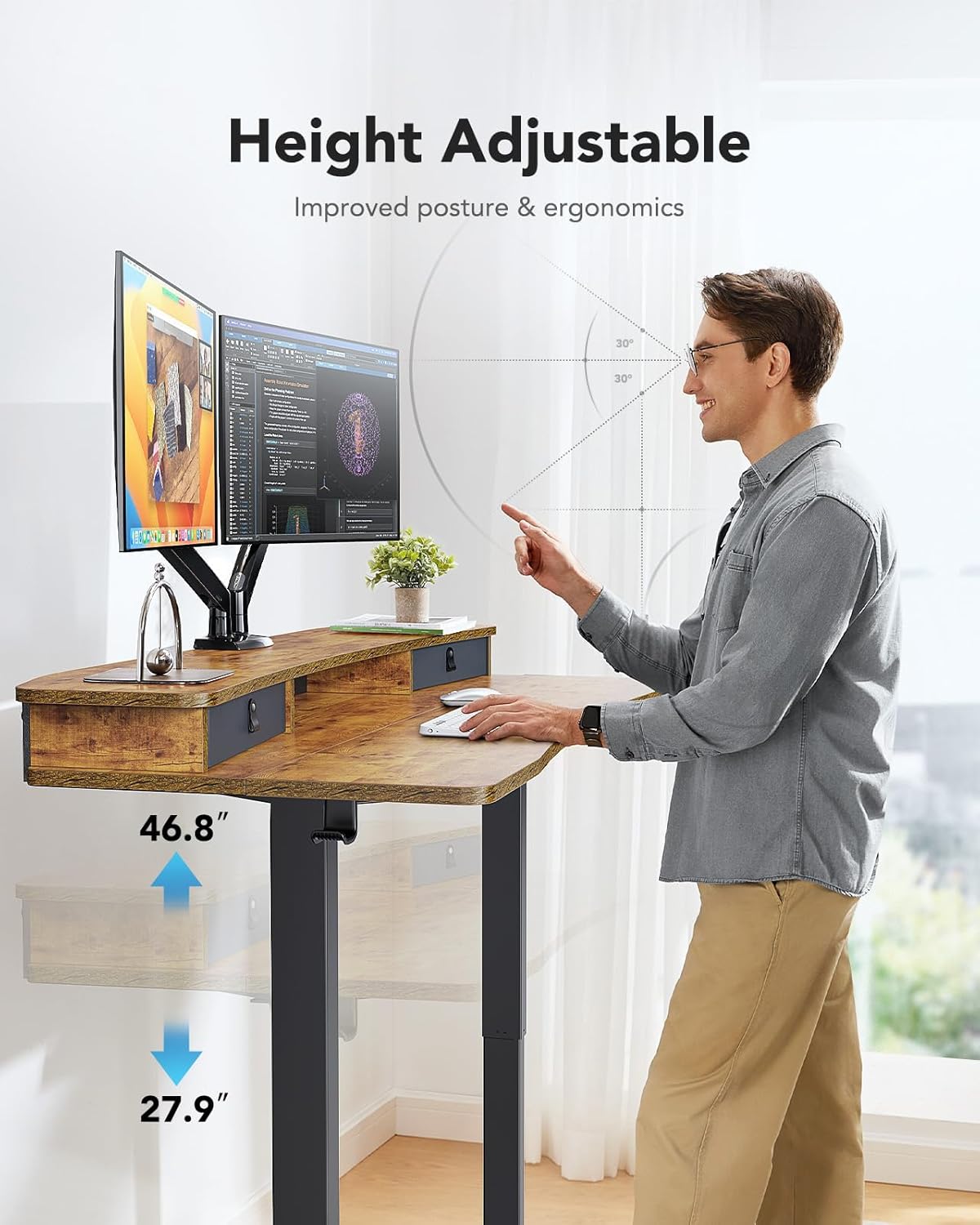HUANUO 60″ x 30″ Electric Standing Desk with 2 Drawers, C-Clamp Mount Compatible, Height Adjustable Computer Desk, Home Office Stand Up Desk with 4 Preset Heights & 2 Hooks, Vintage Brown