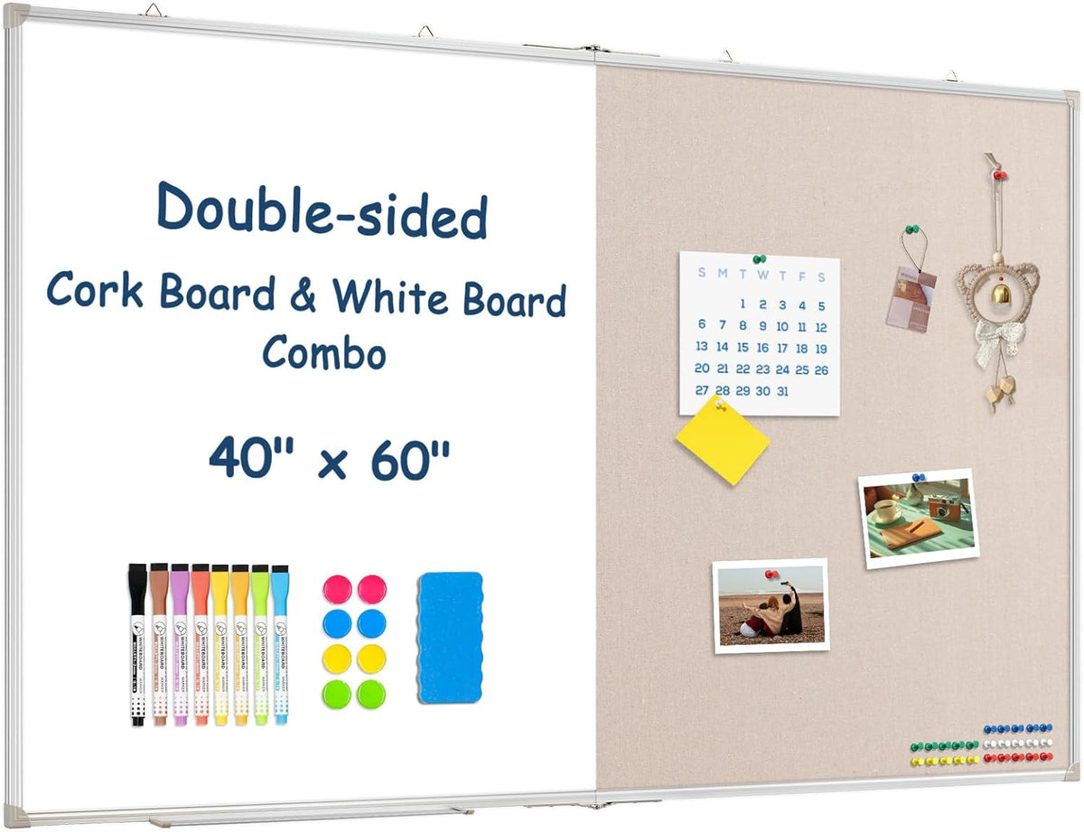 Large White Board Dry Erase Foldable Bulletin Board Combo, 60" x 40" Double Sided Dry Erase Board for Wall, Magnetic Whiteboard Bulletin Board with Linen for Office, Home, School, Kitchen -White